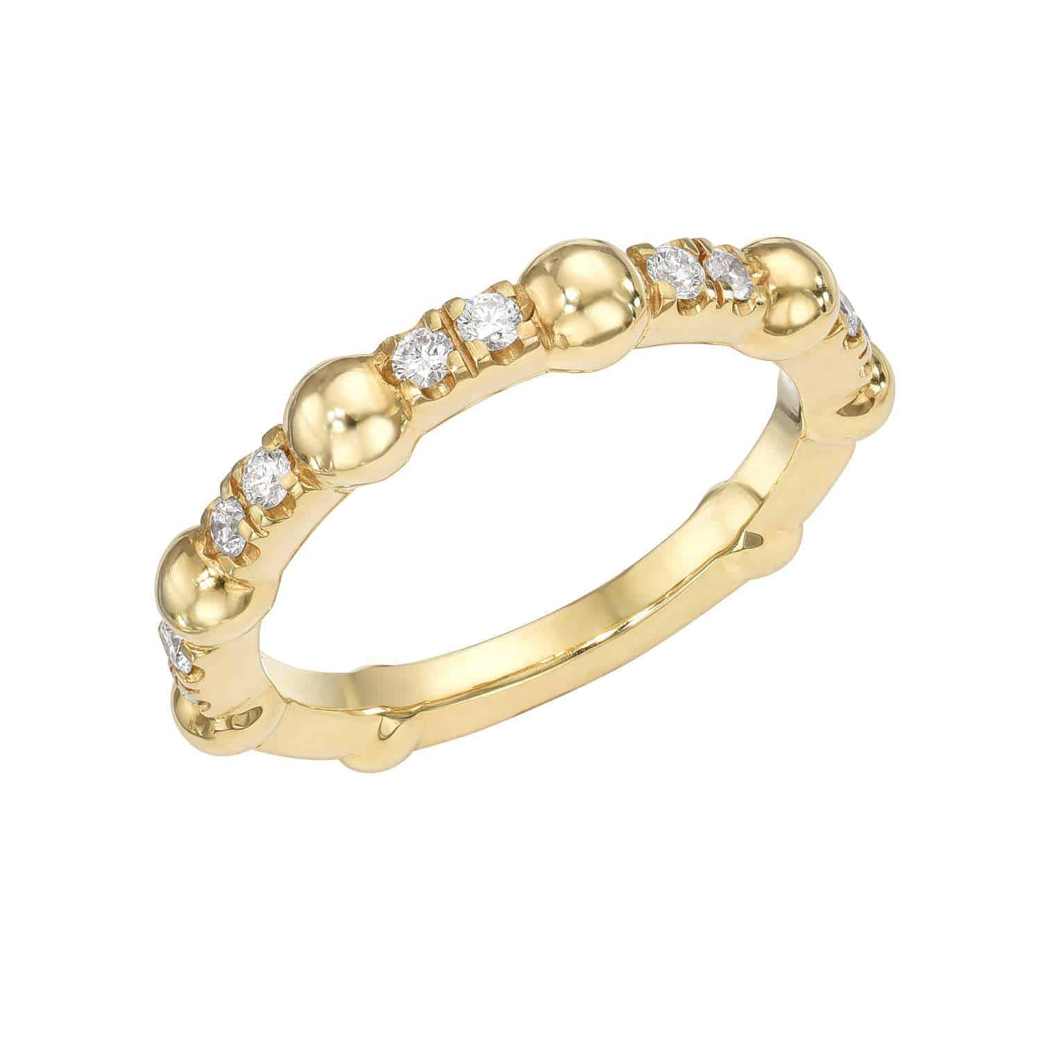 Discover the elegance of the Diamond Bubble Ring: a gold ring with a beaded design featuring alternating small diamond clusters and polished gold spheres. Available for preorder, it stands out beautifully against a plain, white background.
