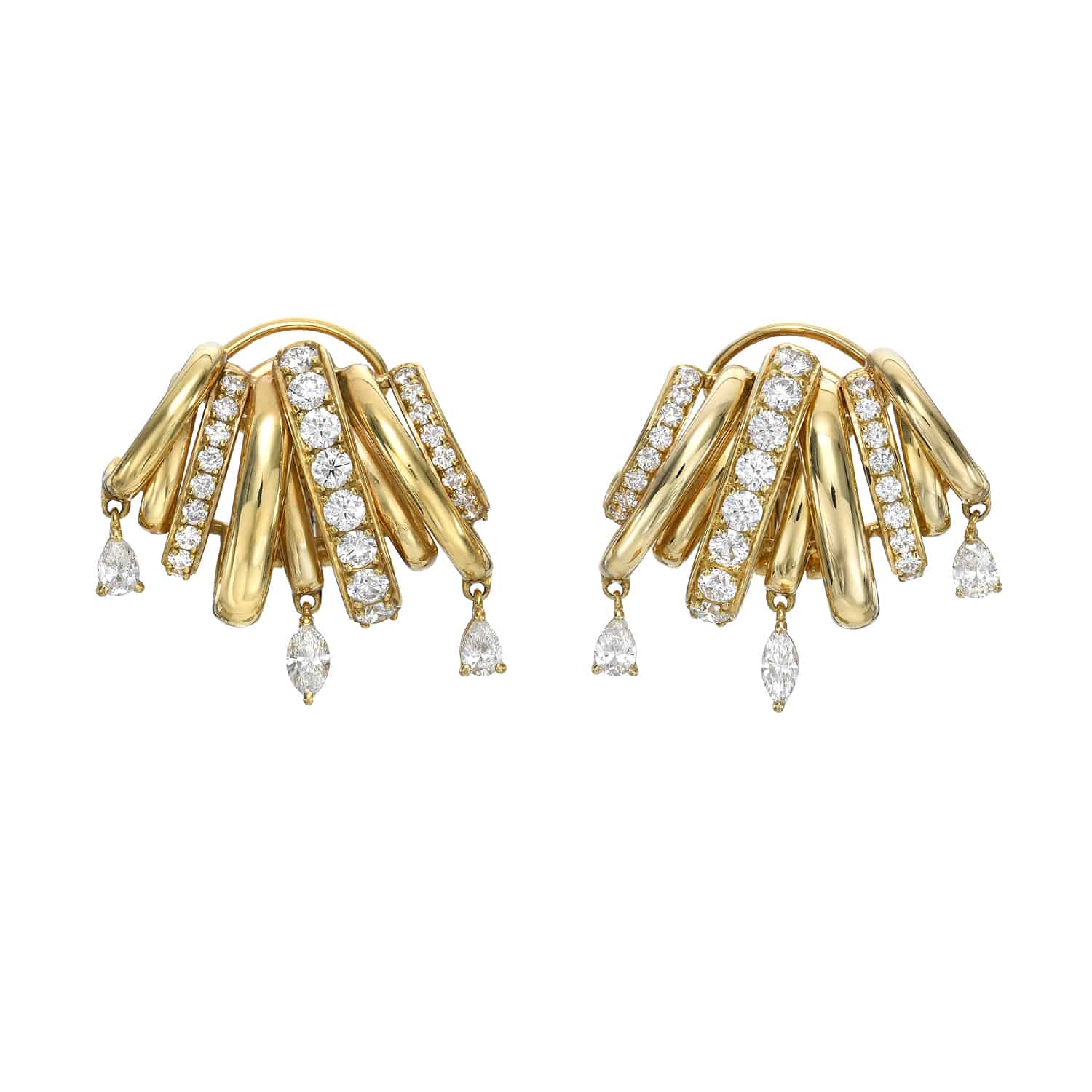 The Diamond Cage Earrings from Janet Heller Fine Jewelry showcase an elegant fan shape with cylindrical segments adorned with white diamonds and teardrop-shaped diamonds at the base. For customizations or inquiries, please contact us.