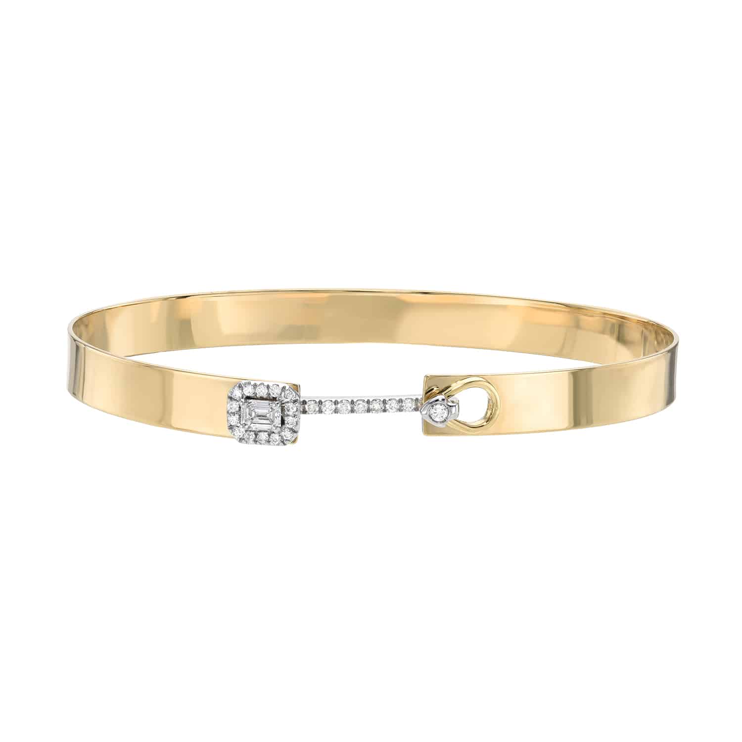 The Diamond Hook Bangle by Janet Heller Fine Jewelry features a unique clasp with a diamond-encrusted square and circular loop. The bangle can be worn alone or stacked with other bracelets.