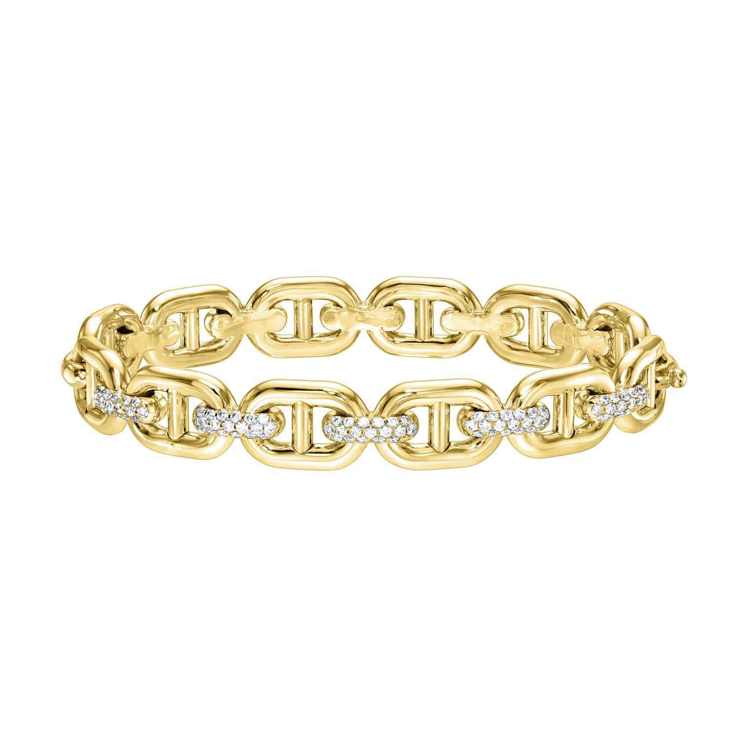 The Diamond Mariner Link Bangle is a sophisticated gold bracelet with interlocking geometric links, embellished with central sparkling diamonds. Its elegant and symmetrical design offers a luxurious, timeless appeal for those in search of sophistication.