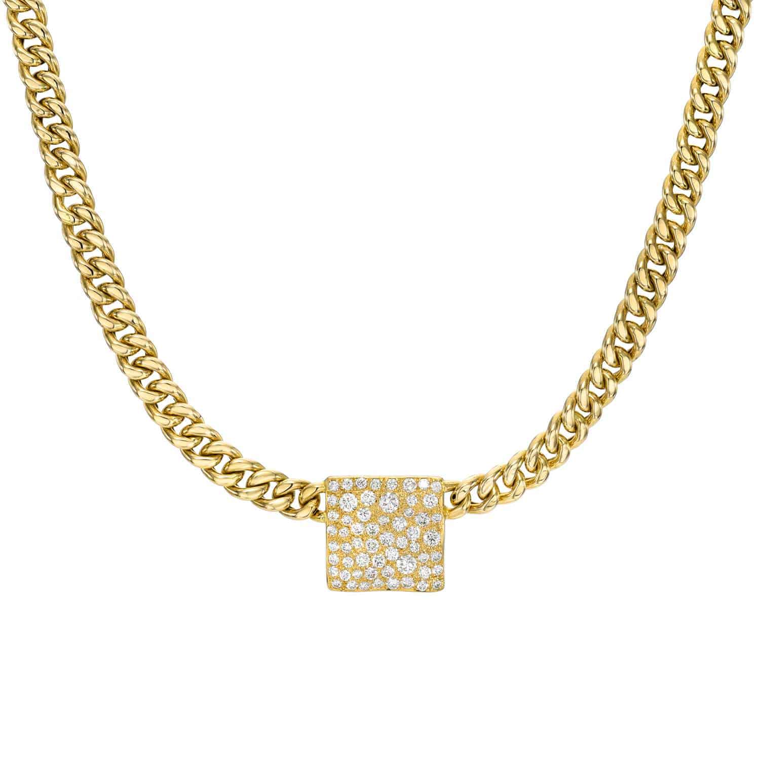 Against a white background, the Diamond Square Pendant Necklace from JanetHellerFineJewelry is showcased. It features a square pendant adorned with small diamonds on a gold chain of thick, interlocking links, offering customizations for a truly unique piece of jewelry.