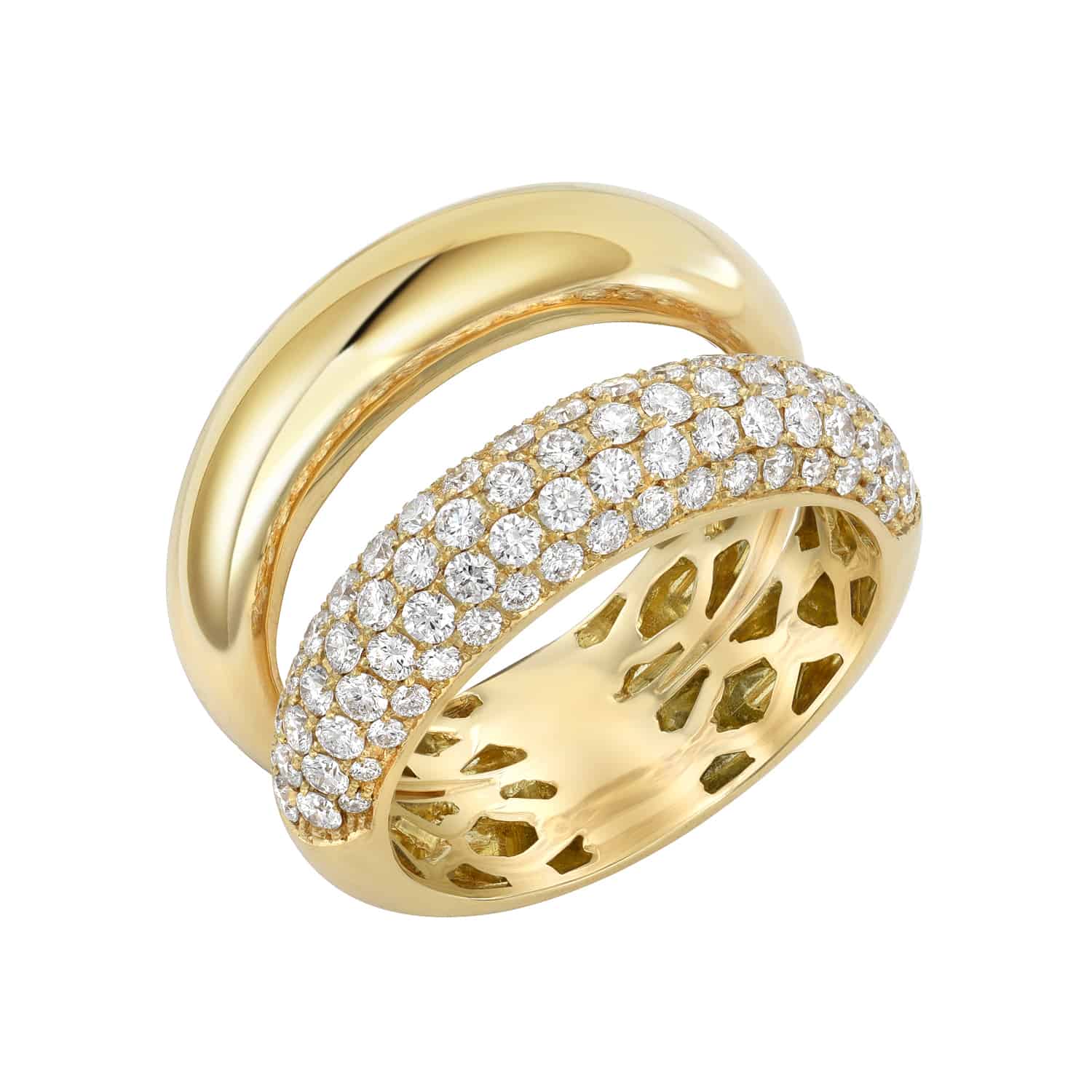 Intertwined gold rings, one polished and one sparkling with diamonds, define this luxurious design from Janet Heller Fine Jewelry. Against a white background, the Double Band Diamond Gypsy Ring offers versatile size options. Preorder now to elevate your jewelry collection.