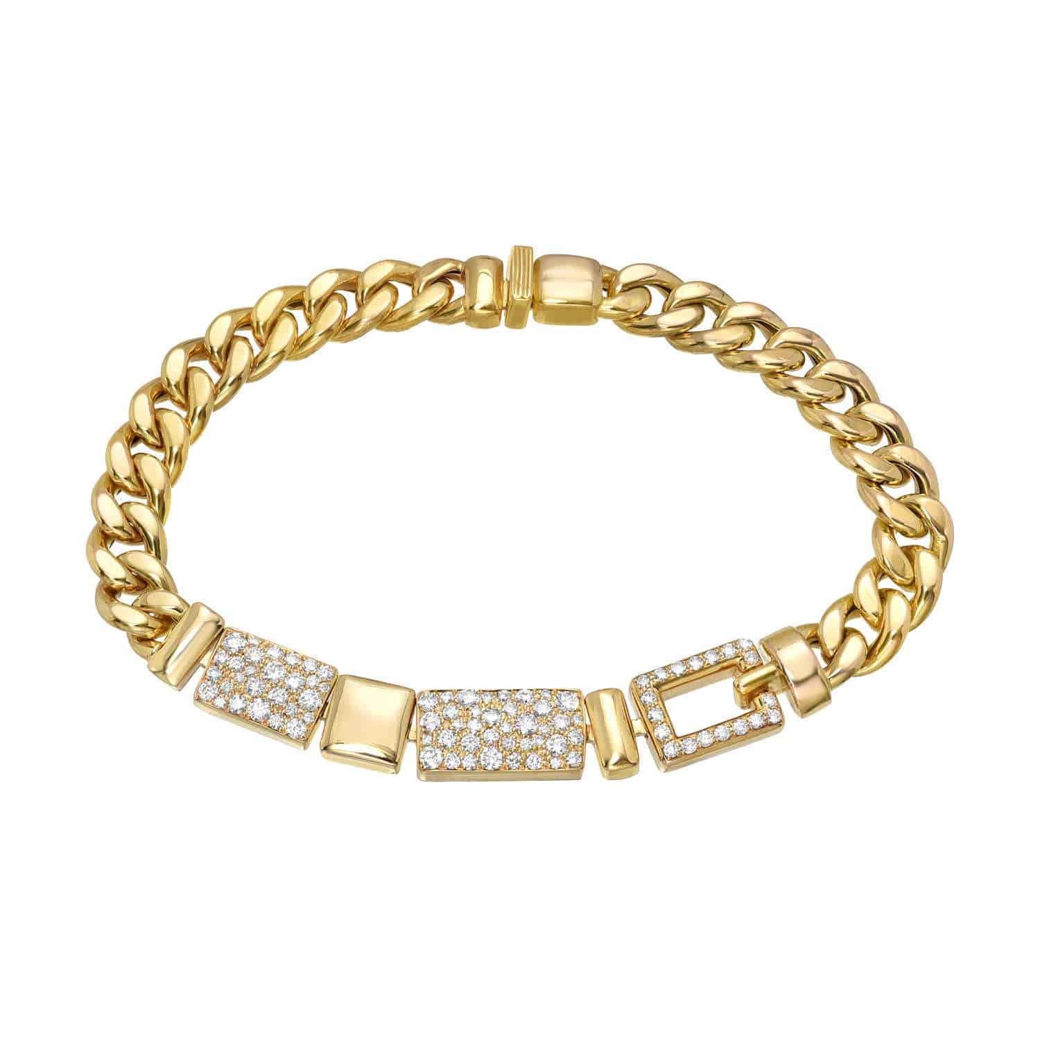 The Geometric Cuban Link Bracelet from Janet Heller Fine Jewelry is crafted in 18KT gold.  The bracelet features a chain-link design with solid and open rectangular diamond encrusted segments. The bracelet can be worn on its own or stacked with other bracelets.