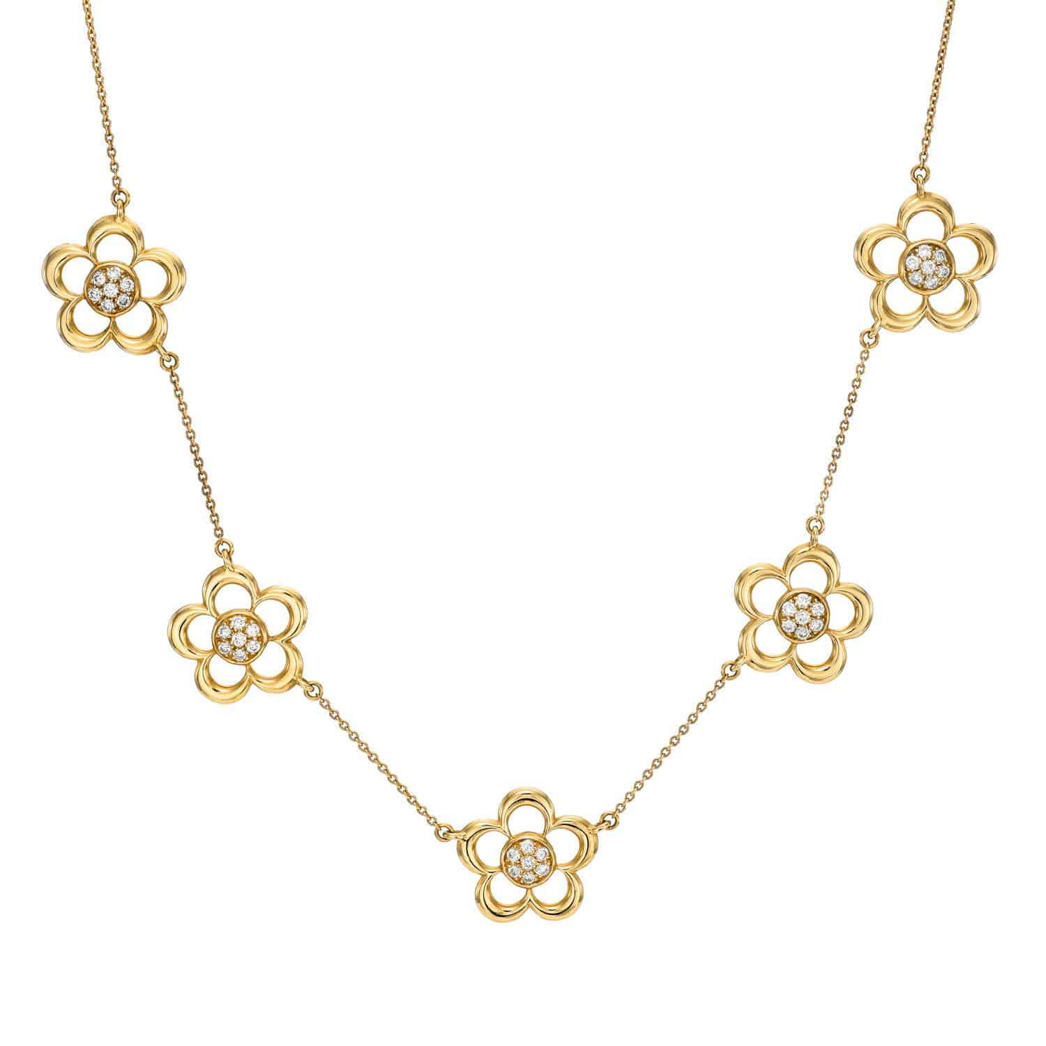Jumbo Diamond Flower Necklace featuring five flower-shaped pendants with open petals and diamond centers, evenly spaced along a delicate gold chain, displayed on a white background.
