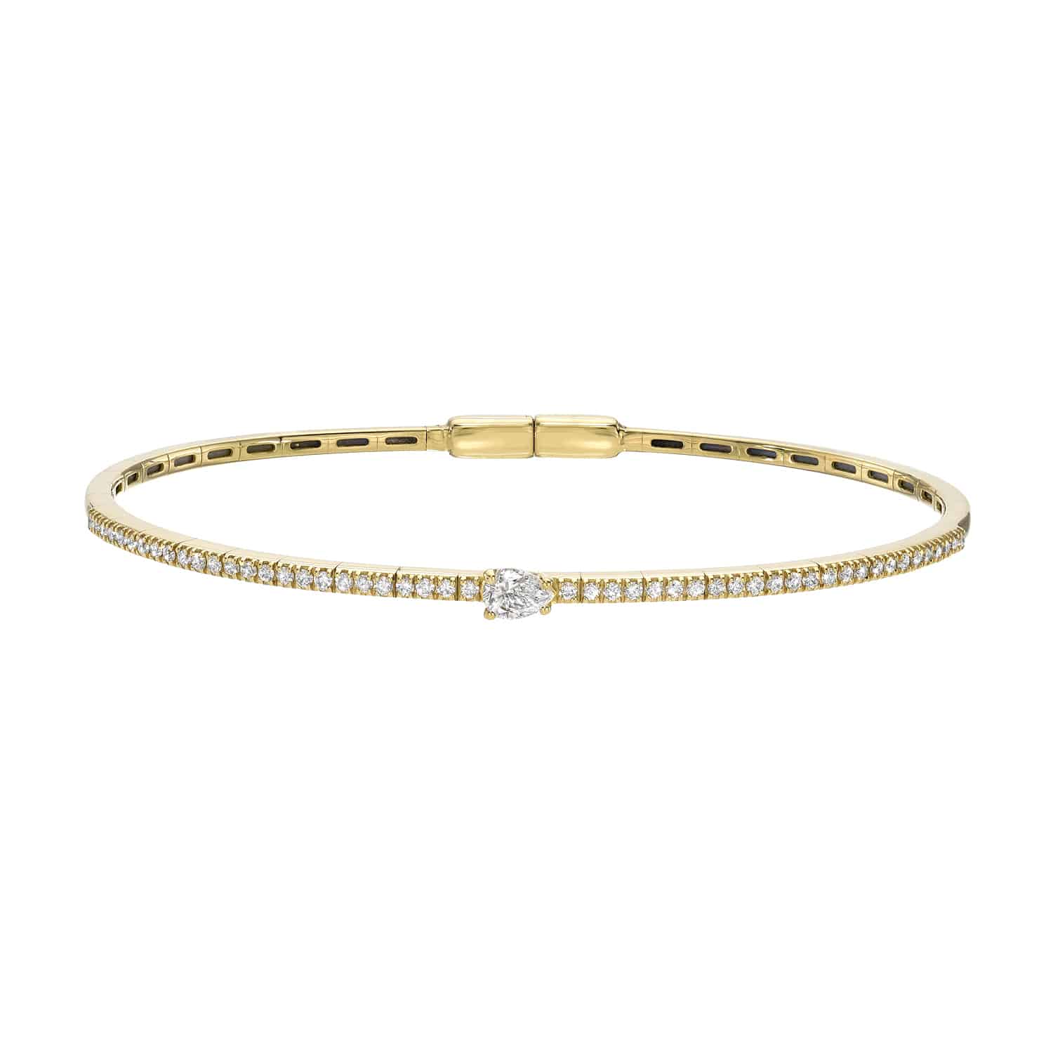 Explore the elegance of the Mixed Cut Diamond Clara Bangle by Janet Heller Fine Jewelry. Featuring a sleek gold design with small diamonds and a stunning diamond centerpiece, this bracelet has a secure clasp closure and is perfect for any occasion, with customization options to suit your style.