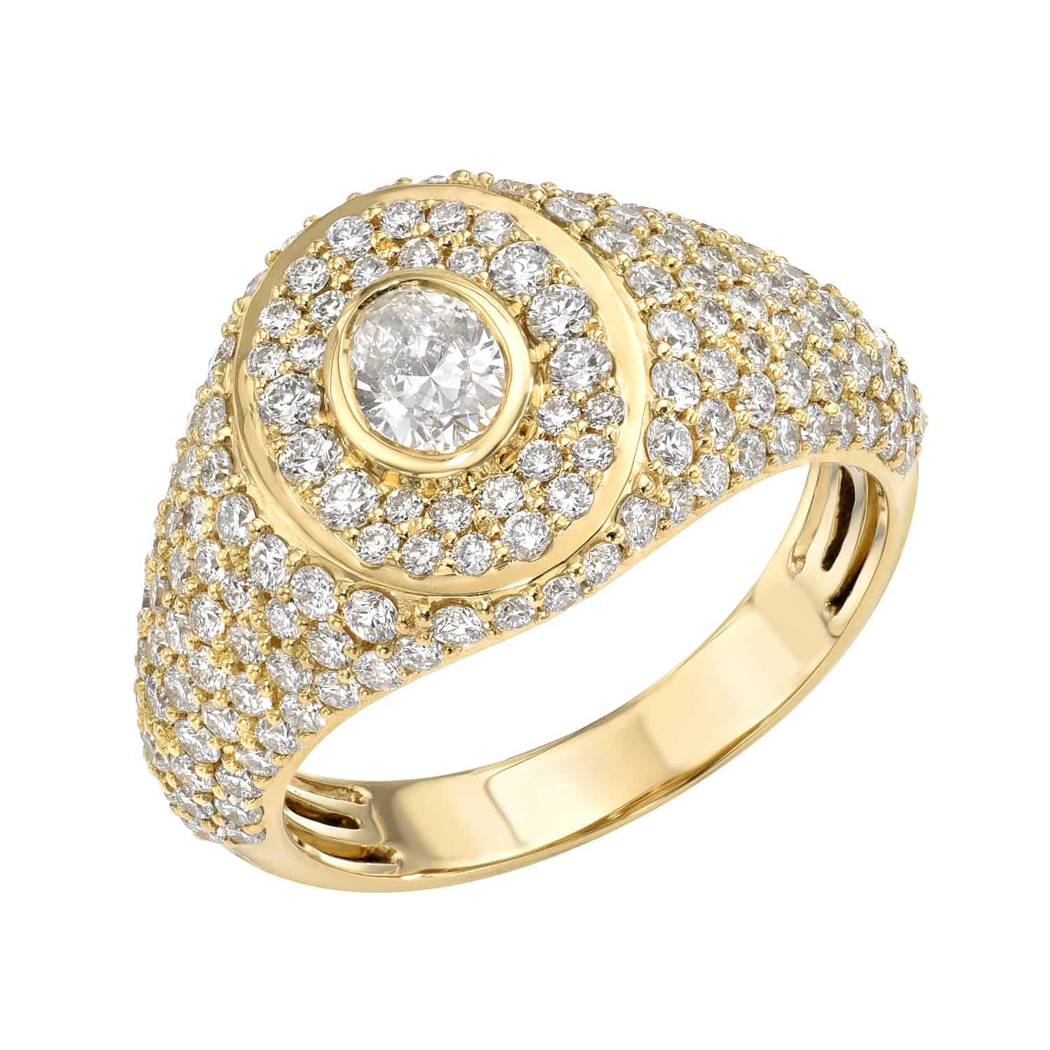 The Oval Diamond Signet Ring from Janet Heller Fine Jewelry is crafted in 18KT gold. The ring features a central diamond surrounded by smaller diamonds.