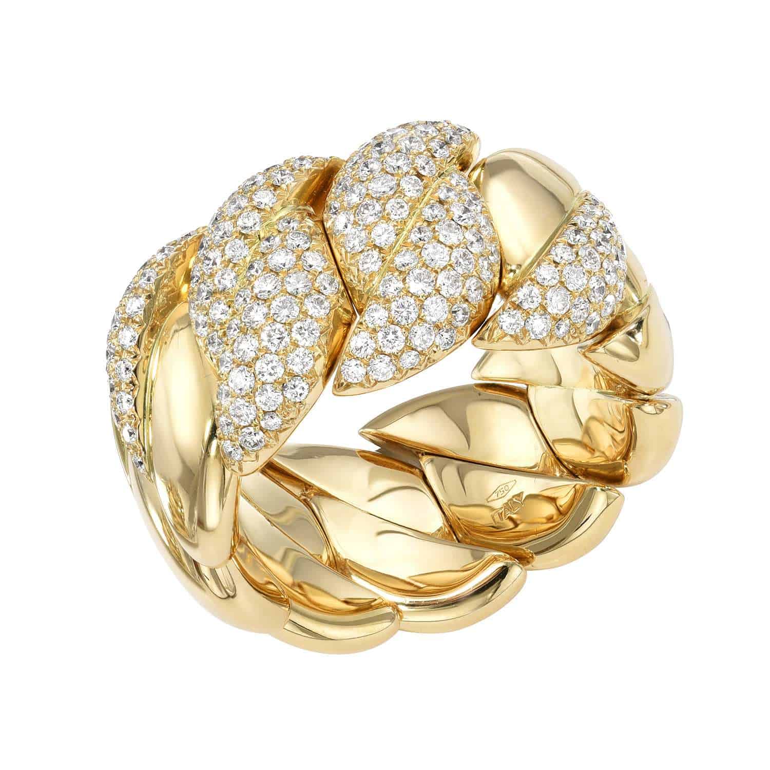 Discover the allure of fine jewelry with the Stretchy Diamond Chain Ring. This exquisite piece features an intricate braided design with segments sparkling with small white diamonds set against polished gold sections. Available for preorder, it perfectly blends elegance and craftsmanship.
