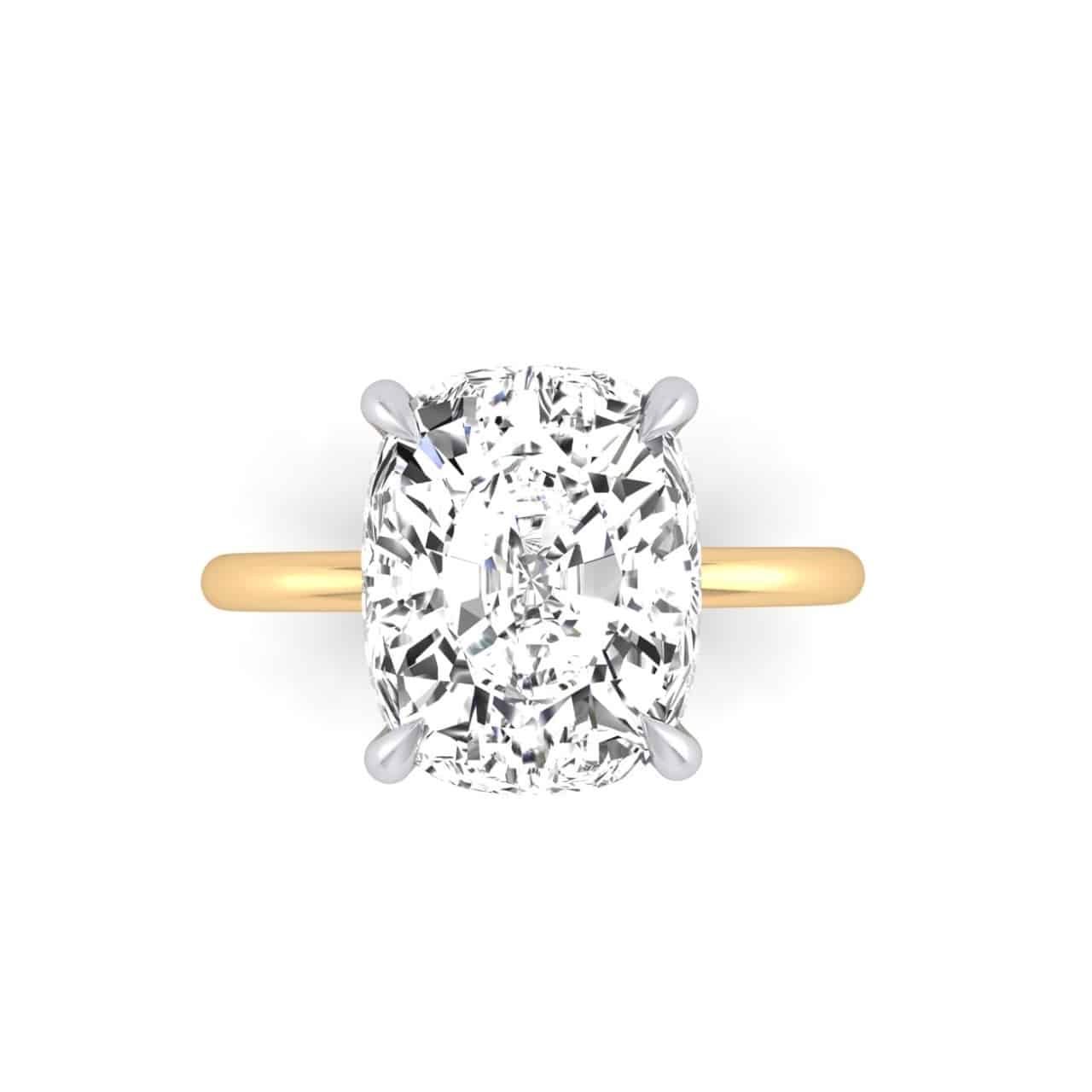 The Solitaire + Hidden Halo ring features a large oval-cut diamond secured by four prongs, complemented by a hidden halo. Its simple and elegant gold band highlights the dazzling brilliance of the center stone.