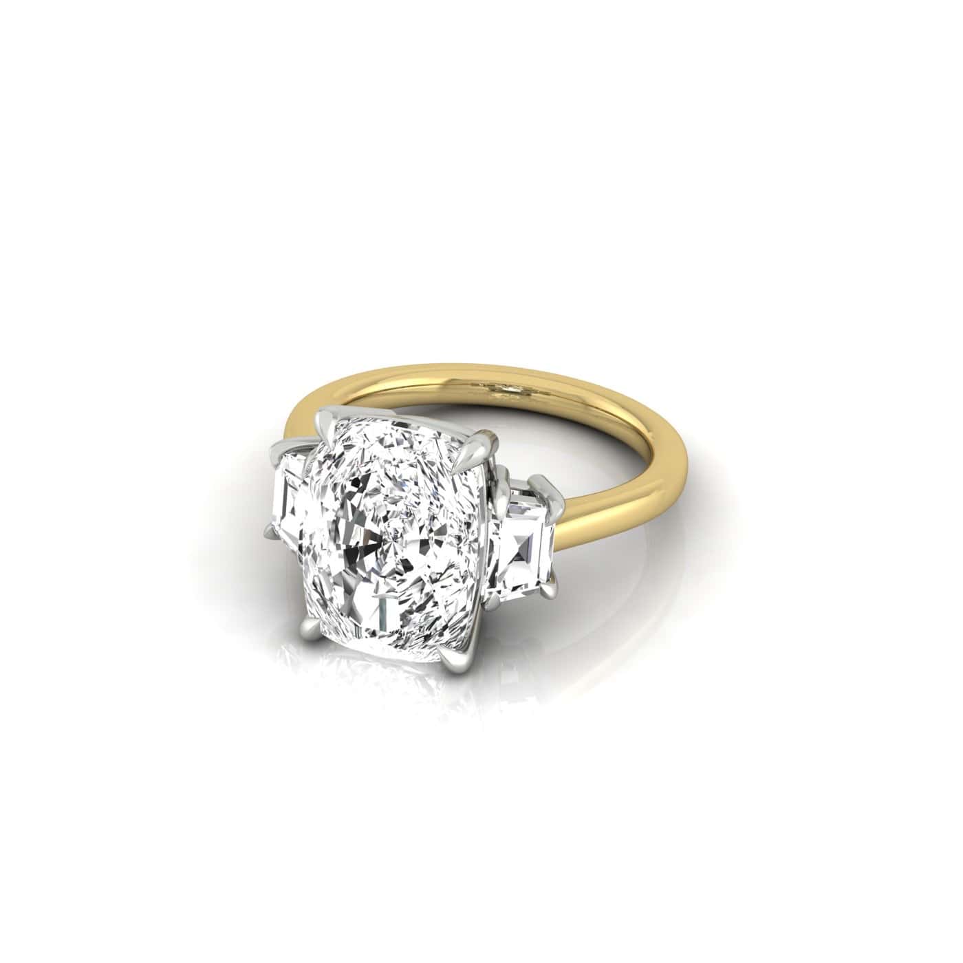 The Triad engagement ring boasts an 18KT Gold band, featuring a large rectangular diamond at the center with two smaller trapezoid diamonds on each side. Its intricate design and glossy finish stand out when viewed from an angle.