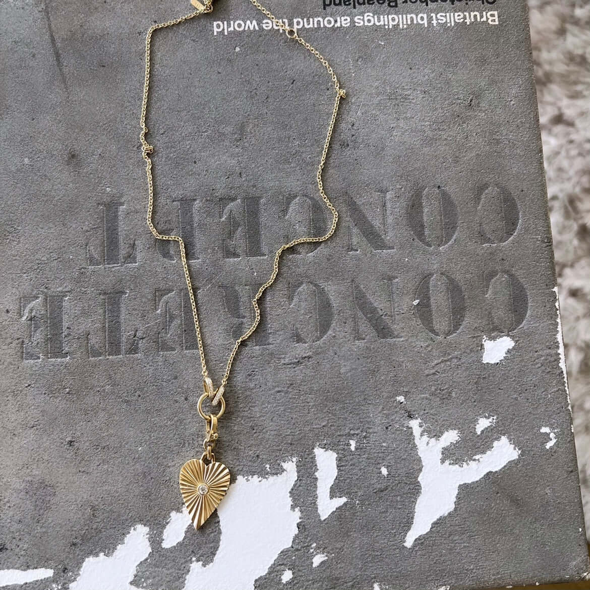 The Diamond Heart Burst Charm by Janet Heller Fine Jewelry, featuring a gold heart-shaped pendant with a sunburst design, lies on a textured gray surface. Its delicate chain enhances the charms elegance against an intriguing backdrop of partially visible text.