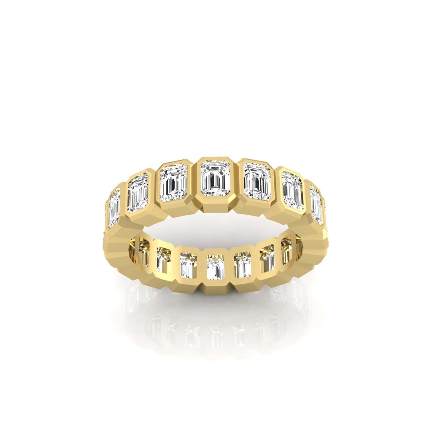The Bezel Set Emerald Cut Eternity Ring is crafted in 18KT gold, featuring large F Color, VS Clarity emerald-cut gemstones. These stunning stones form a continuous circle for radiant shine against a white background.