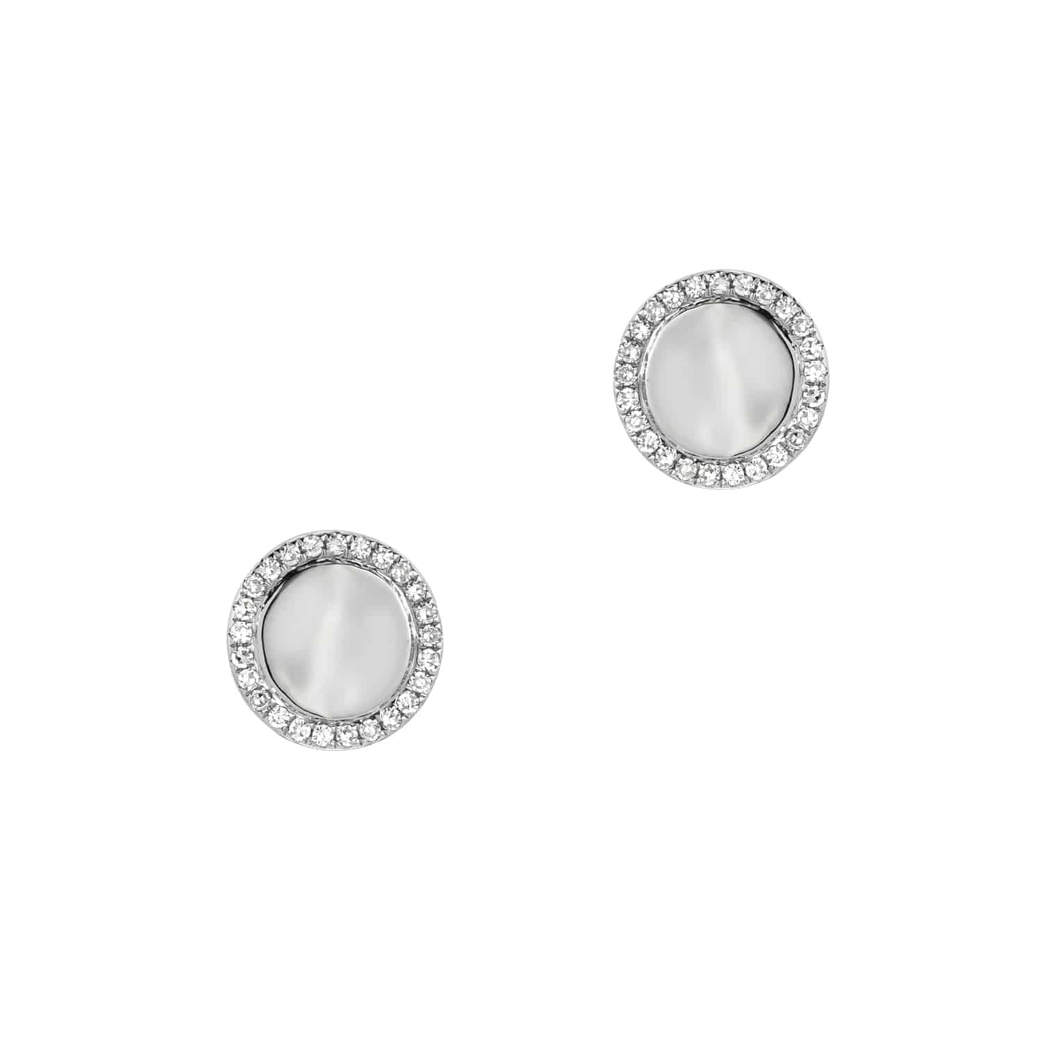 Introducing the Engravable Diamond Disc Studs from the Janet Heller Fine Jewelry collection—a stunning pair of round stud earrings featuring a smooth, white central stone encircled by sparkling clear diamonds, all set in elegant silver metal. Meticulously crafted to showcase the sophistication of custom jewelry, these earrings are displayed against a pristine white background. For inquiries, please contact us.