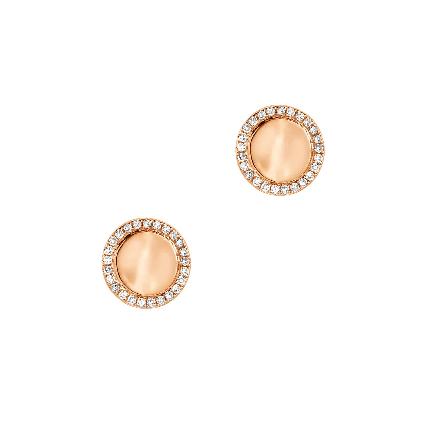 A pair of Engravable Diamond Disc Studs featuring rose gold centers encircled by a border of sparkling diamonds, these elegant earrings embody Janet Heller’s passion for fine jewelry and timeless custom design.