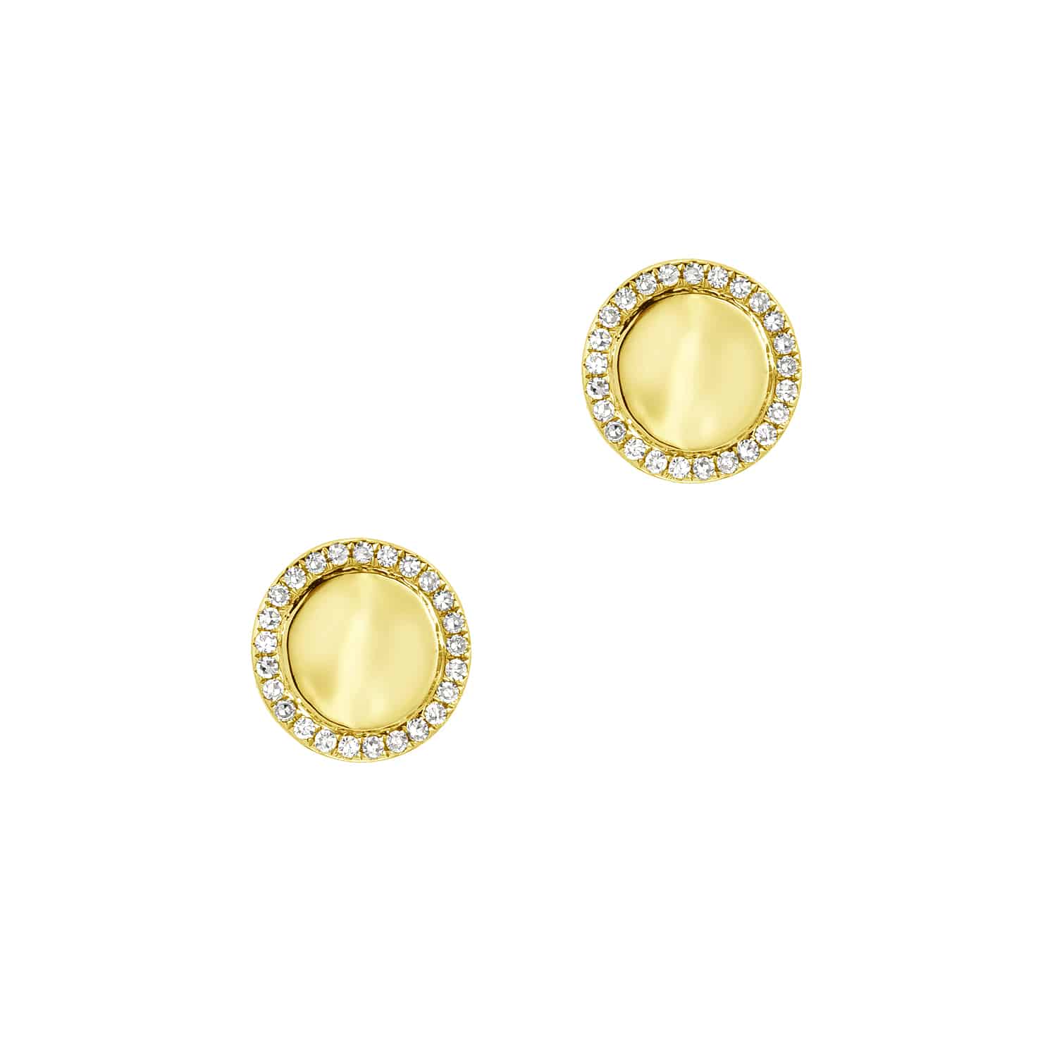 The Engravable Diamond Disc Studs from Janet Heller Fine Jewelry are crafted in 14KT gold.  The earrings feature an engravable center that is surrounded by a halo of  diamonds. They are perfect for engraving a personalized keepsake.  The studs can be worn alone or layered along the ear with other earrings.