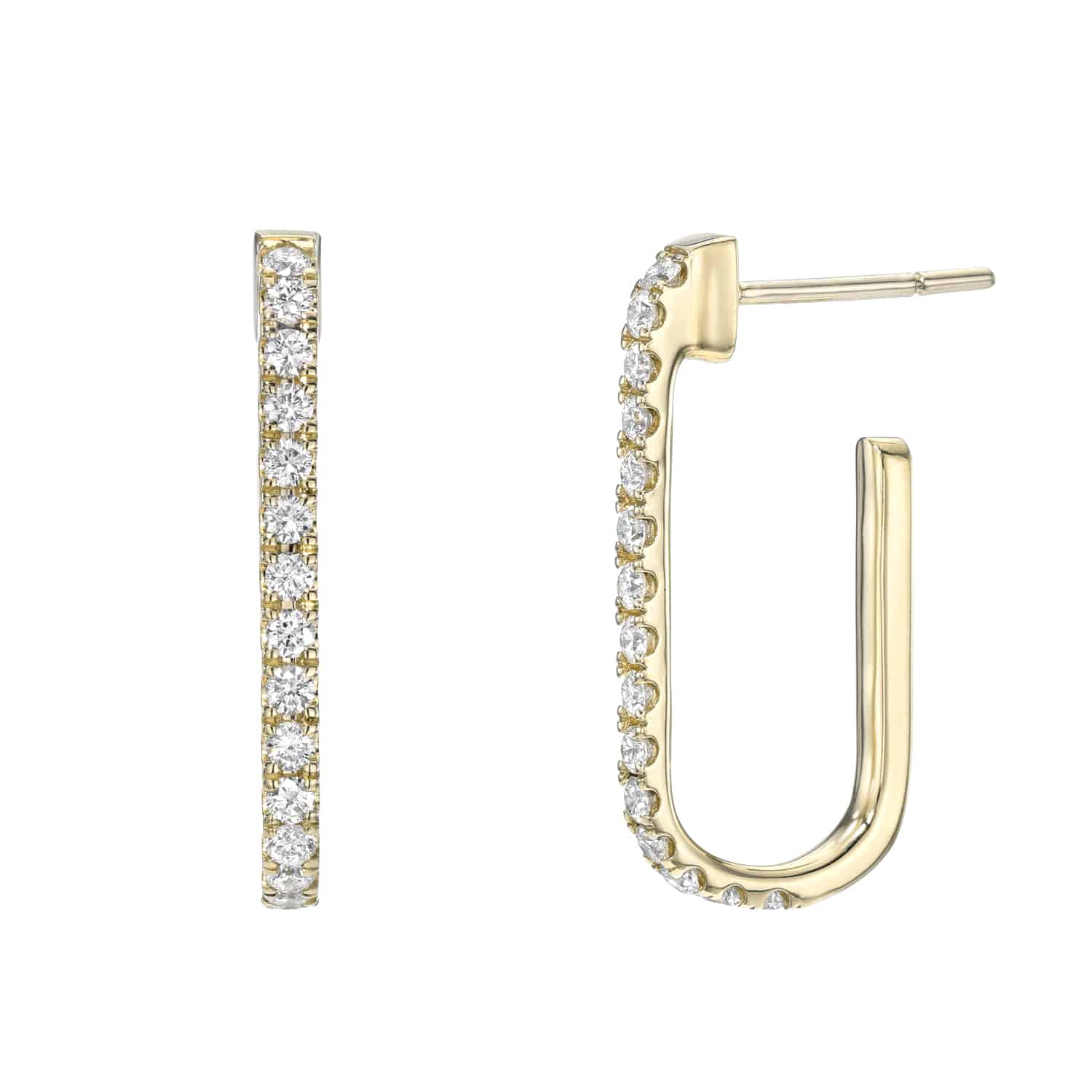 The Mini Diamond Alice Earrings feature a rectangular gold hoop design, each earring encrusted with small round diamonds along the front edge. One earring is displayed from the front, while the other is shown from the side to highlight its elegant curve.