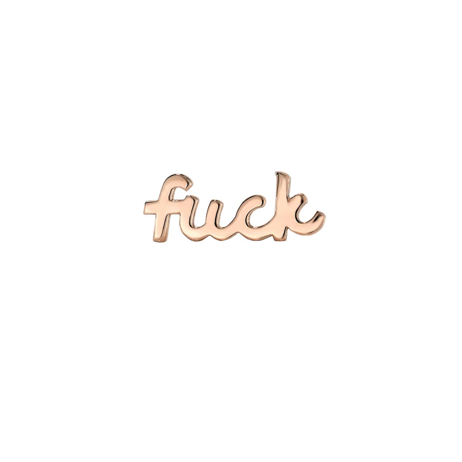 A gold-colored Mini Plain FK Stud, featuring the word “fk” in cursive lowercase letters, is displayed against a plain white background, exemplifying Janet Heller fine jewelry’s playful approach to custom jewelry design.