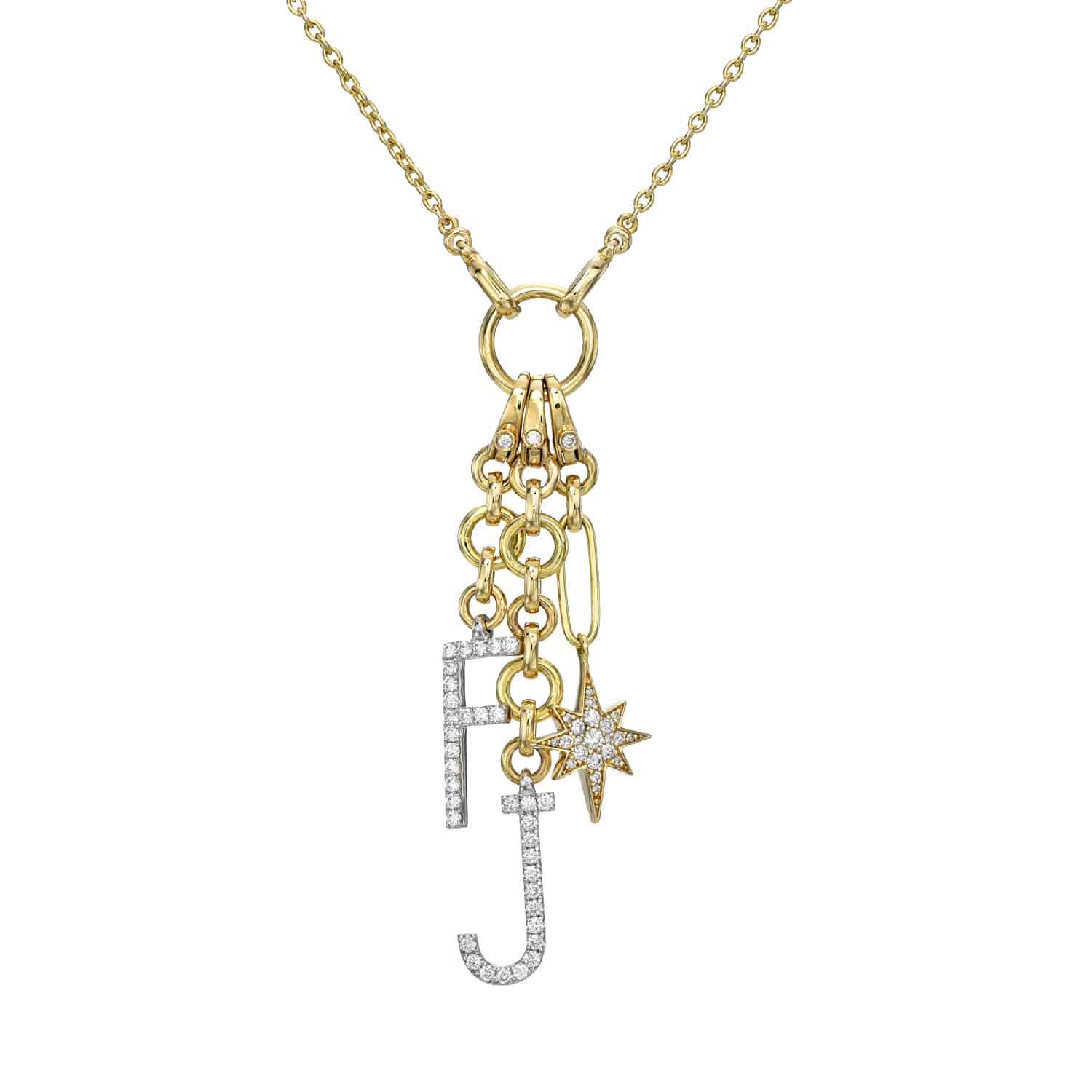 The Diamond Lola Initial Charm Necklace from Janet Heller Fine Jewelry is crafted in 14KT gold. The necklace features and adjustable chain with a gold charm holder adorned with a diamond star pendant. The diamond initial charms are available in any two letters of your choice. The necklace can be worn on its own or layered with other necklaces.