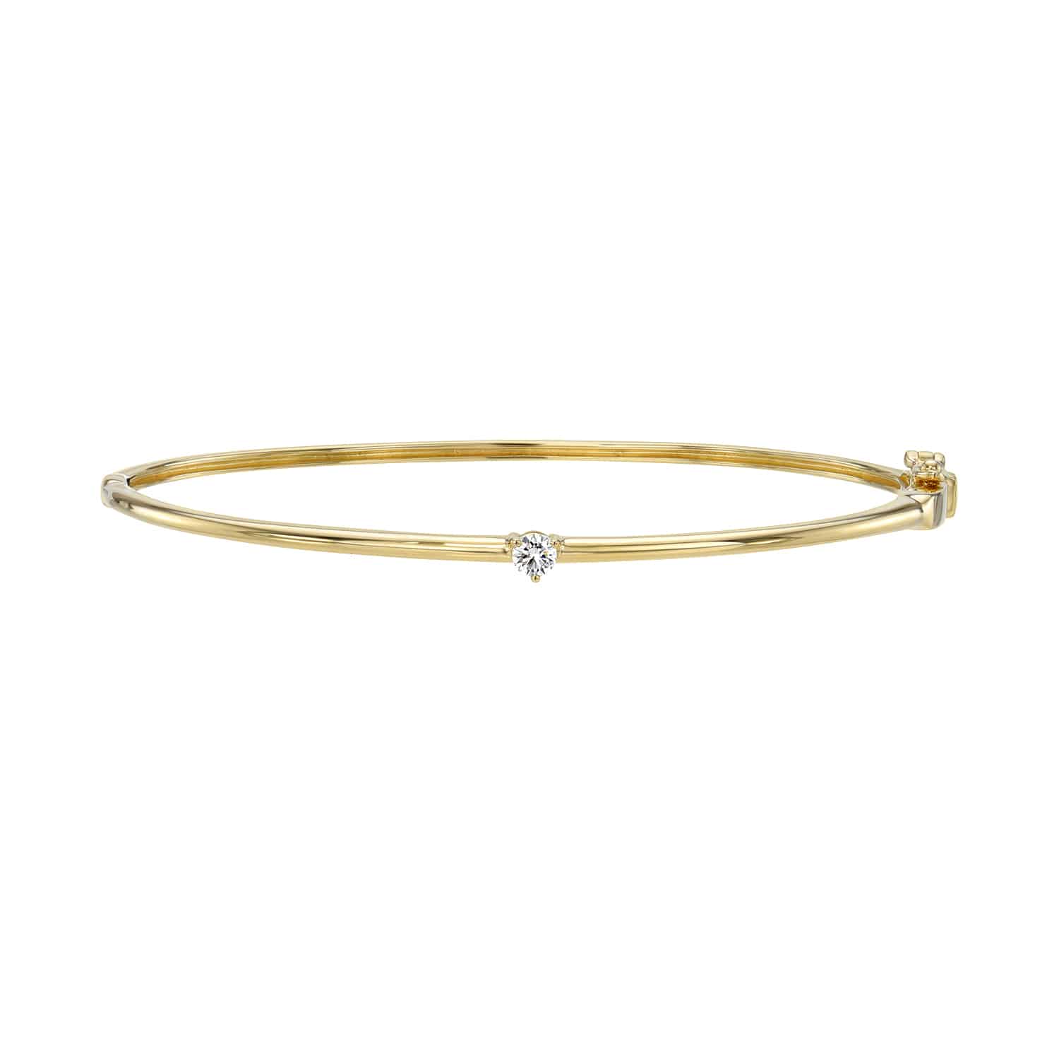 Experience the elegance of the Diamond Solitaire Bangle by FoundryFineJewelry. This thin gold bracelet showcases a small central diamond, smooth shiny finish, and secure hinge clasp for timeless sophistication.