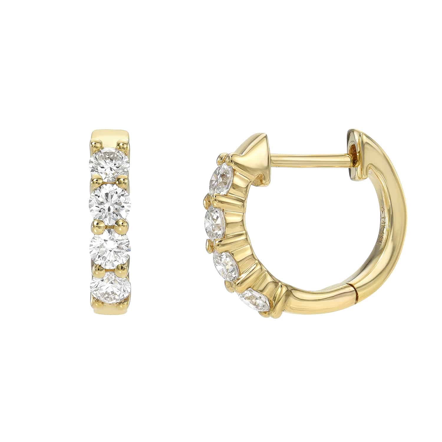 The Diamond Dixie Huggies feature gold hoops with five round diamonds, beautifully showcased from the front and side to highlight their design and sparkle. Contact us for customizations.