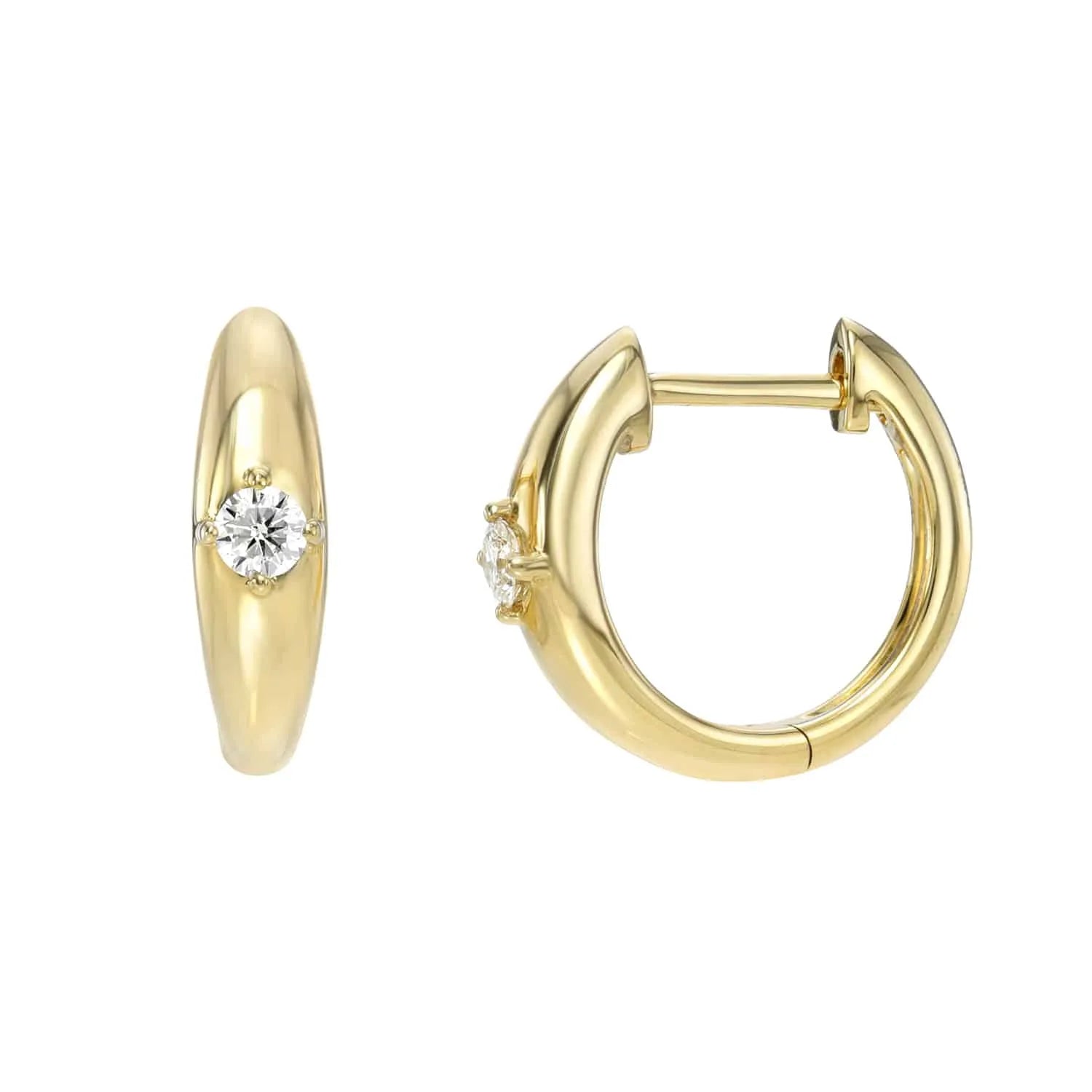 The Solitaire Diamond Dome Huggies by Janet Heller Fine Jewelry are shown; one gold hoop earring features a round diamond accent and is displayed from the front, and the other earring is depicted from the side, partially open.