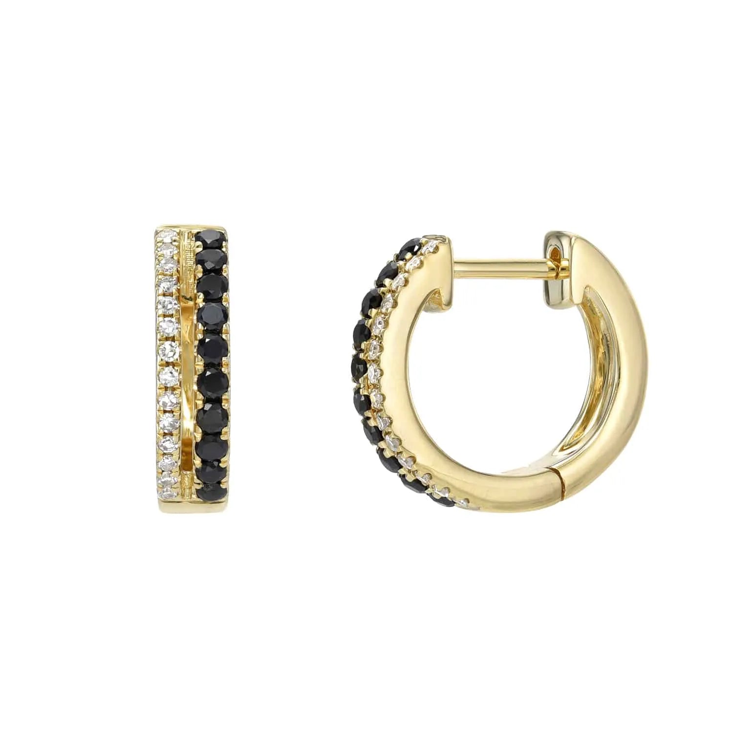 Close-up of two Double Row Black Diamond Huggies, featuring gold hoops with black and clear stones. One earring is shown from the side, and the other partially open from the front, showcasing exquisite details.
