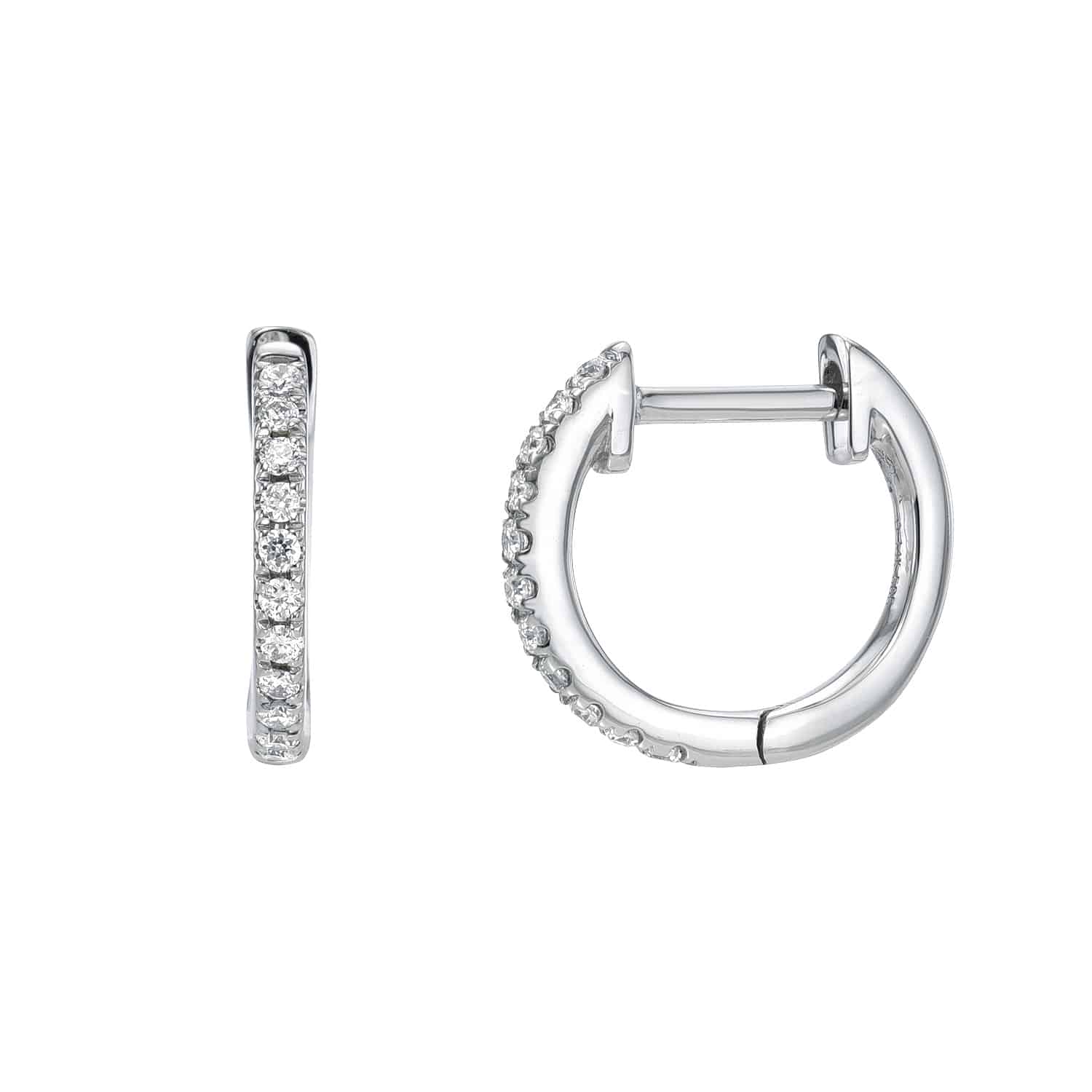Pictured are the Diamond Marley Huggies from FoundryFineJewelry: One earring is shown front-on, adorned with small clear stones, and the other side-on, highlighting its circular design and clasp.