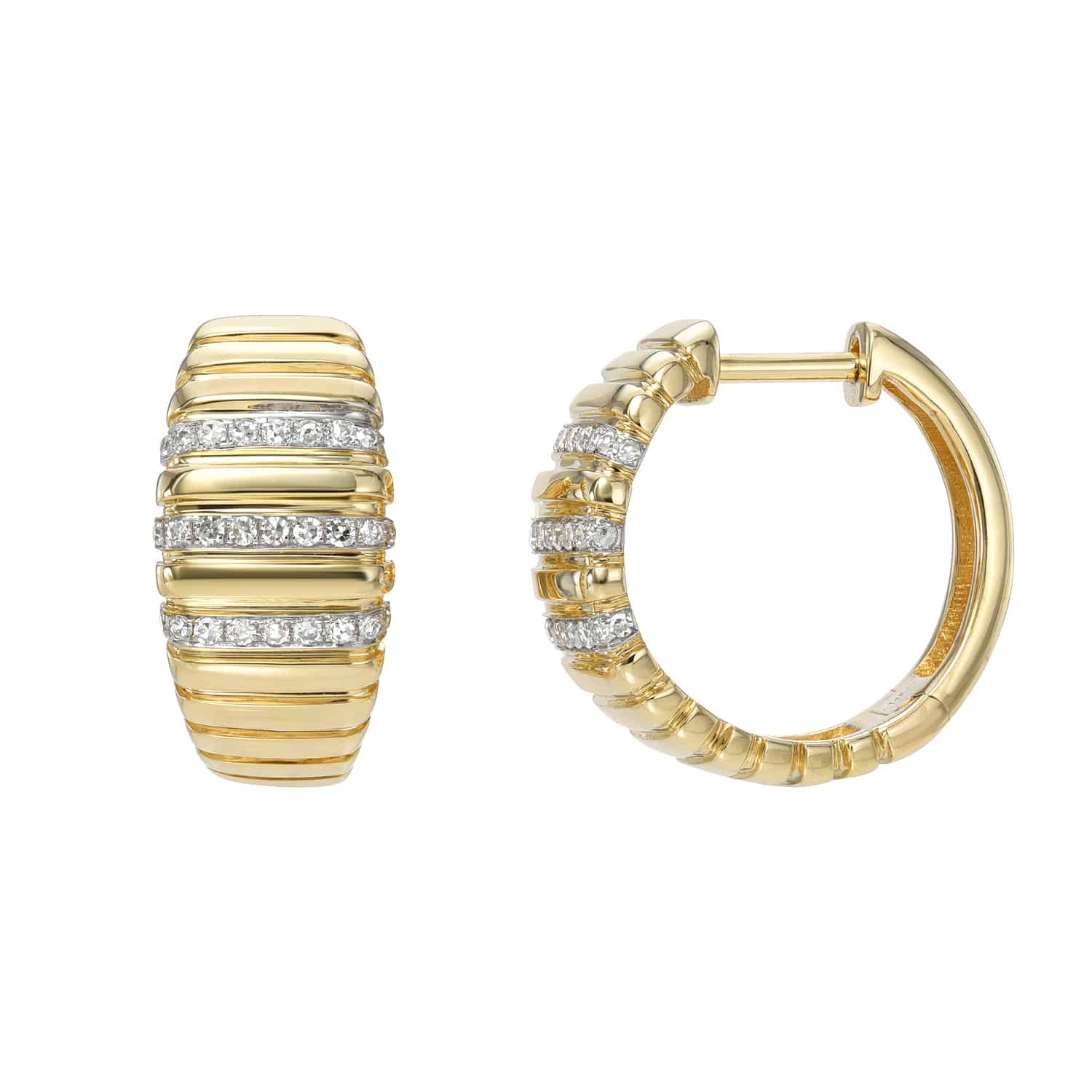 Explore the exquisite Diamond Ridge Earrings by Janet Heller Fine Jewelry. These gold hoops feature a ribbed design with small central diamond encrustations. One earring faces forward, showcasing its elegance, while the other reveals a side view with an open clasp, highlighting timeless charm.