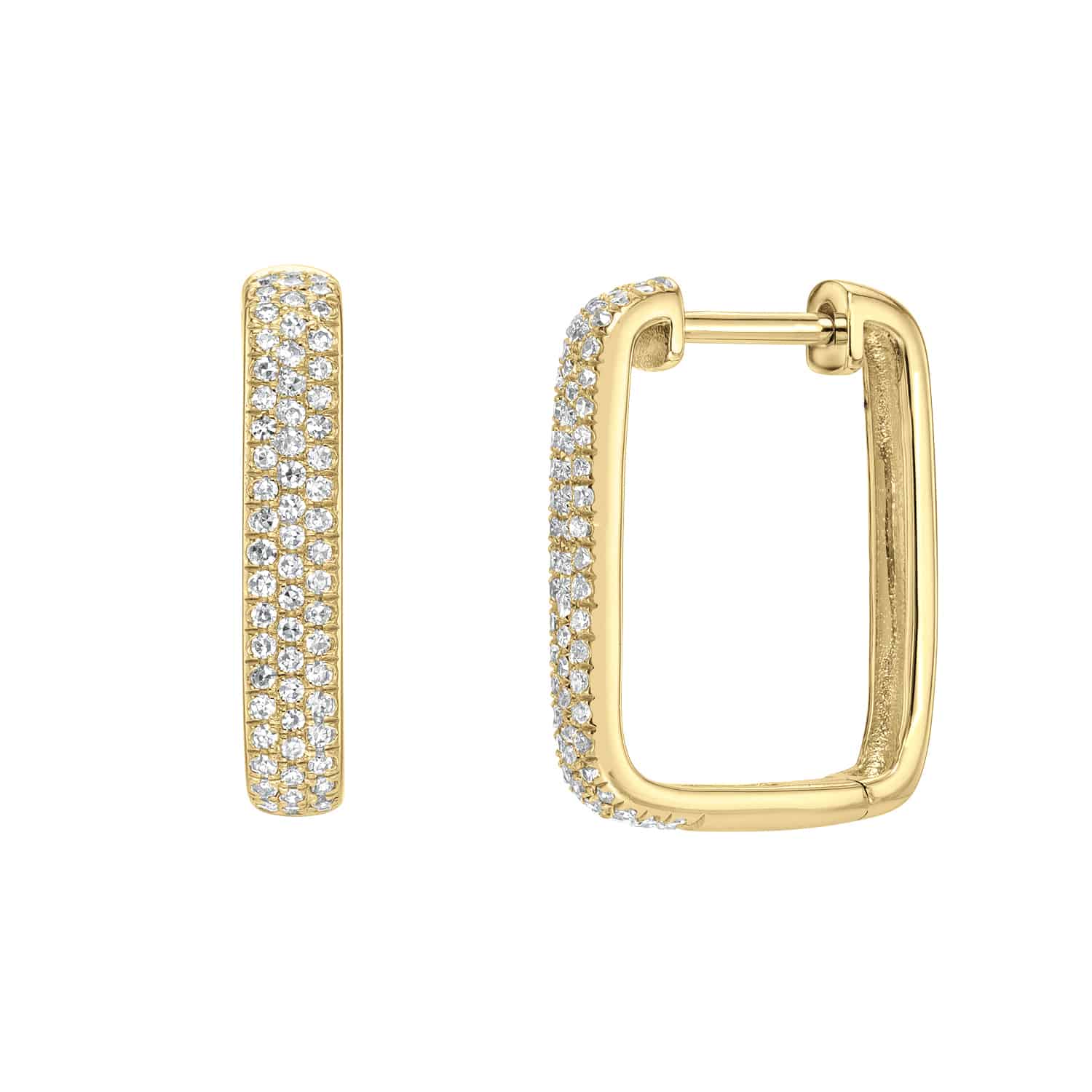 The Pave Diamond Square Hoops feature two gold earrings adorned with small clear gemstones on the outer and front surfaces; the left hoop is side-viewed while the right is front-facing. For customizations, contact Janet Heller Fine Jewelry.