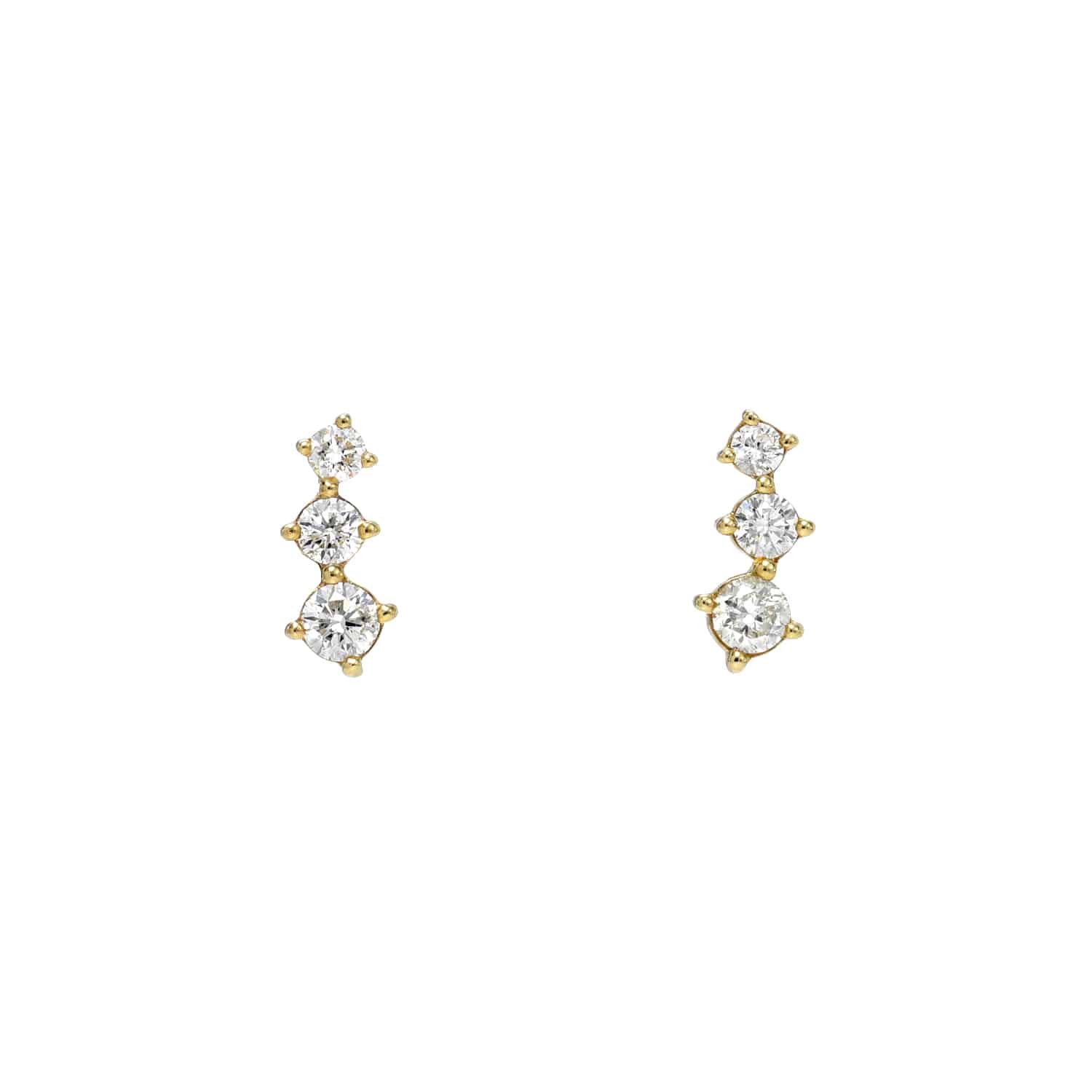 The Climbing Diamond Stud Earrings from Janet Heller Fine Jewelry are elegant gold earrings featuring three small, round, clear gemstones arranged vertically in increasing size for a stylish design.