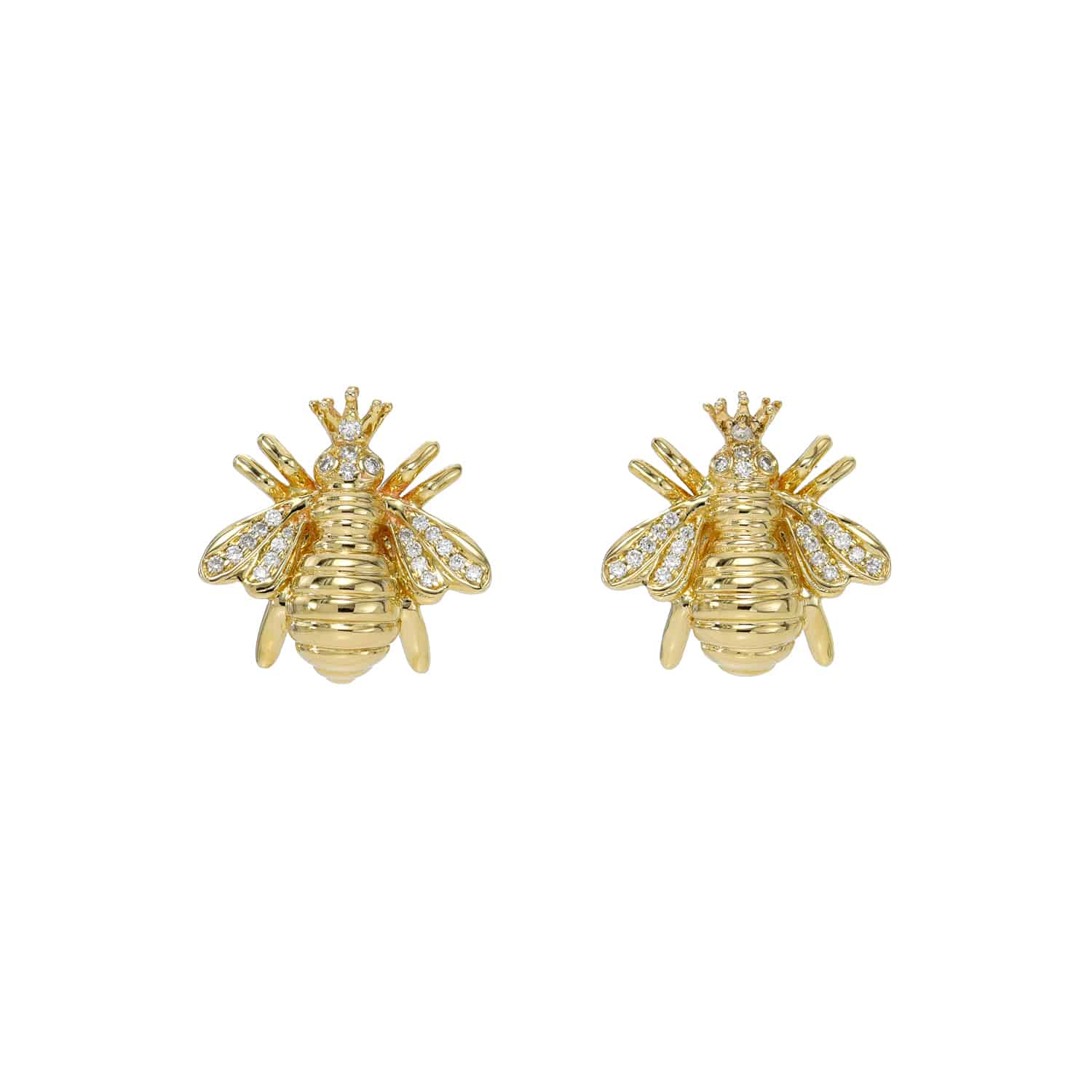 The Diamond Bee Studs from Janet Heller Fine Jewelry are crafted in 14KT gold. The studs feature gold bees adorned with diamonds. The earrings can be worn on their own or layered along the ear with other earrings.