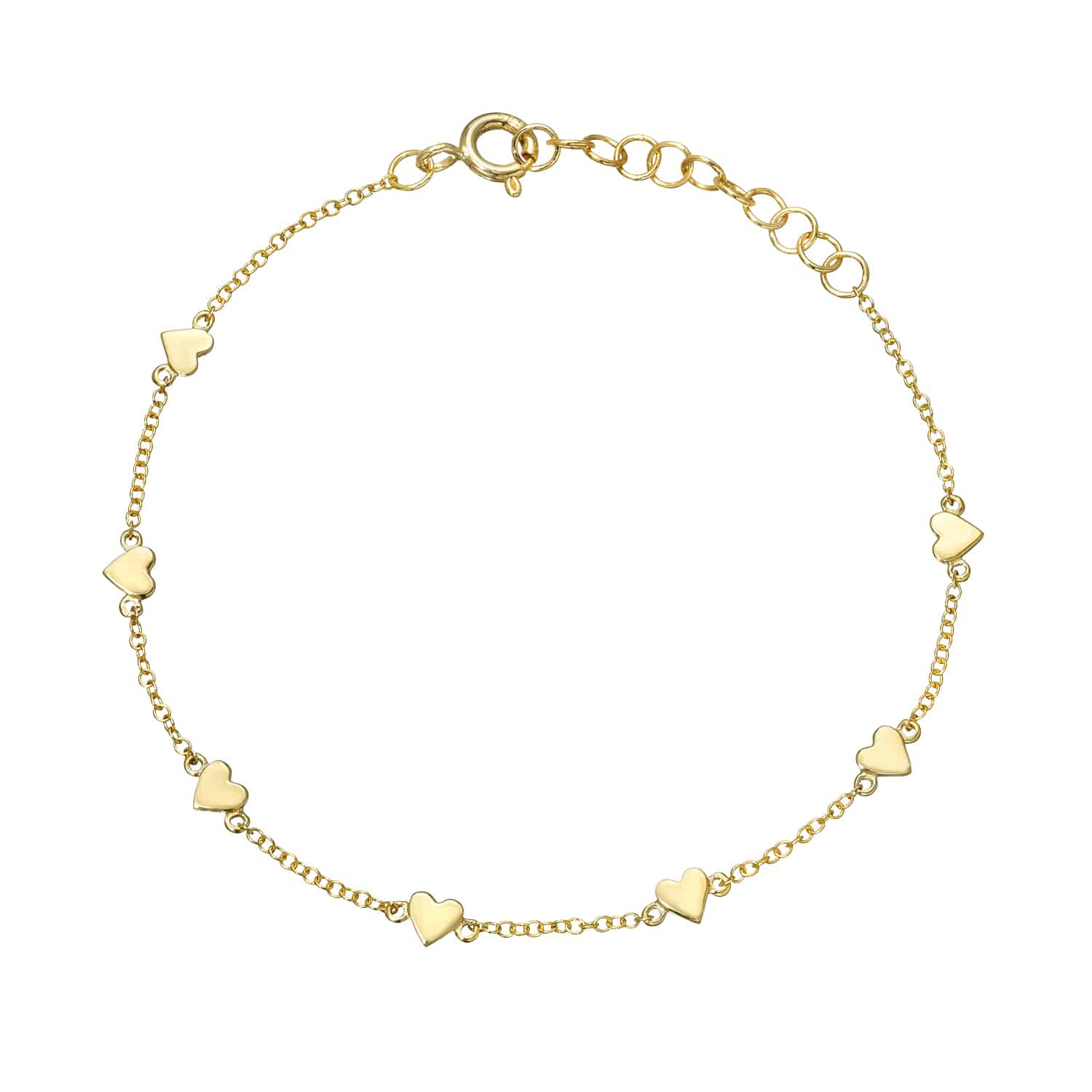 Discover the elegance of the Plain Gold Heart Station Bracelet by Janet Heller Fine Jewelry, featuring heart-shaped charms on a delicate chain. Customize it with an adjustable clasp and extra links for an ideal fit.
