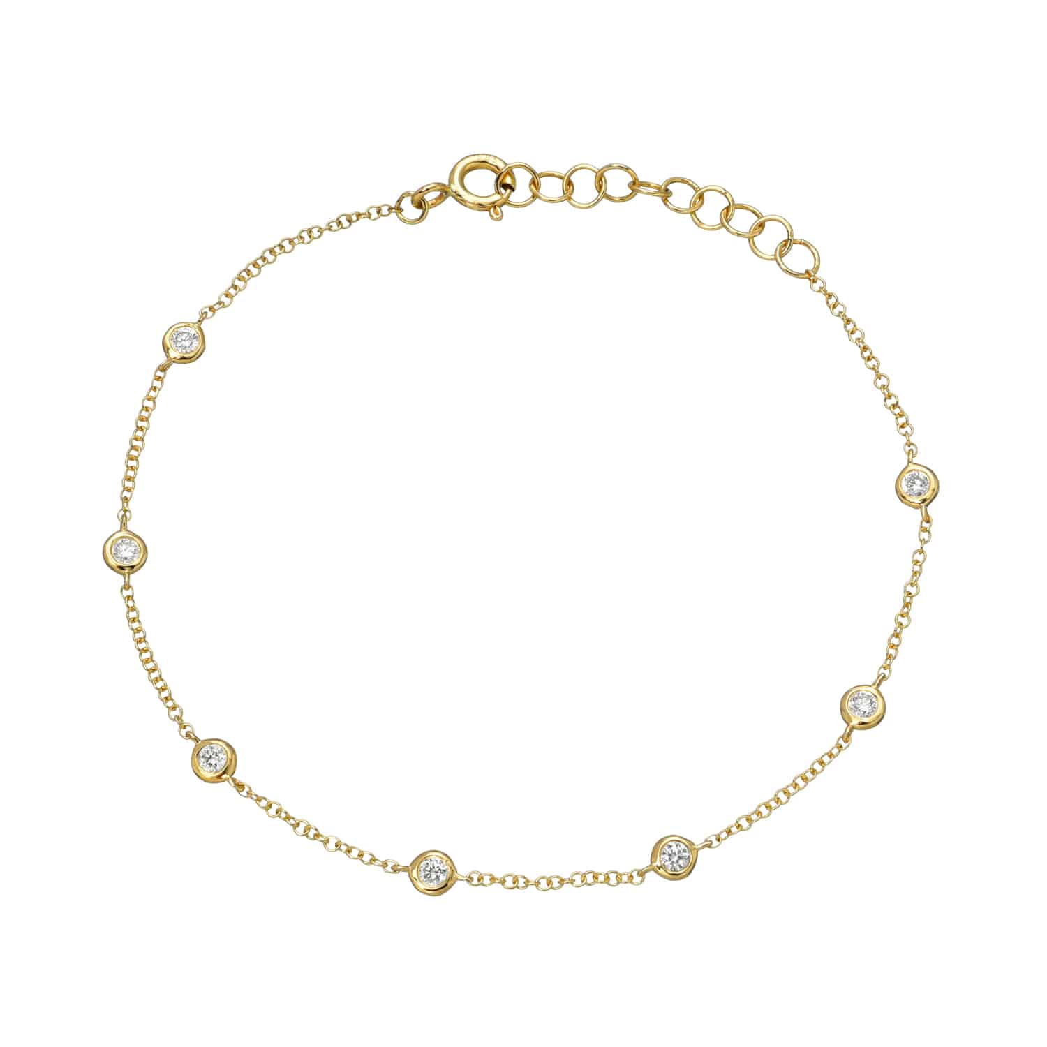 Explore the elegance of the Bezel Diamond Station Bracelet from Janet Heller Fine Jewelry, featuring an adjustable clasp and seven evenly spaced round gemstones. Ideal for those who appreciate fine details and customizable styles.