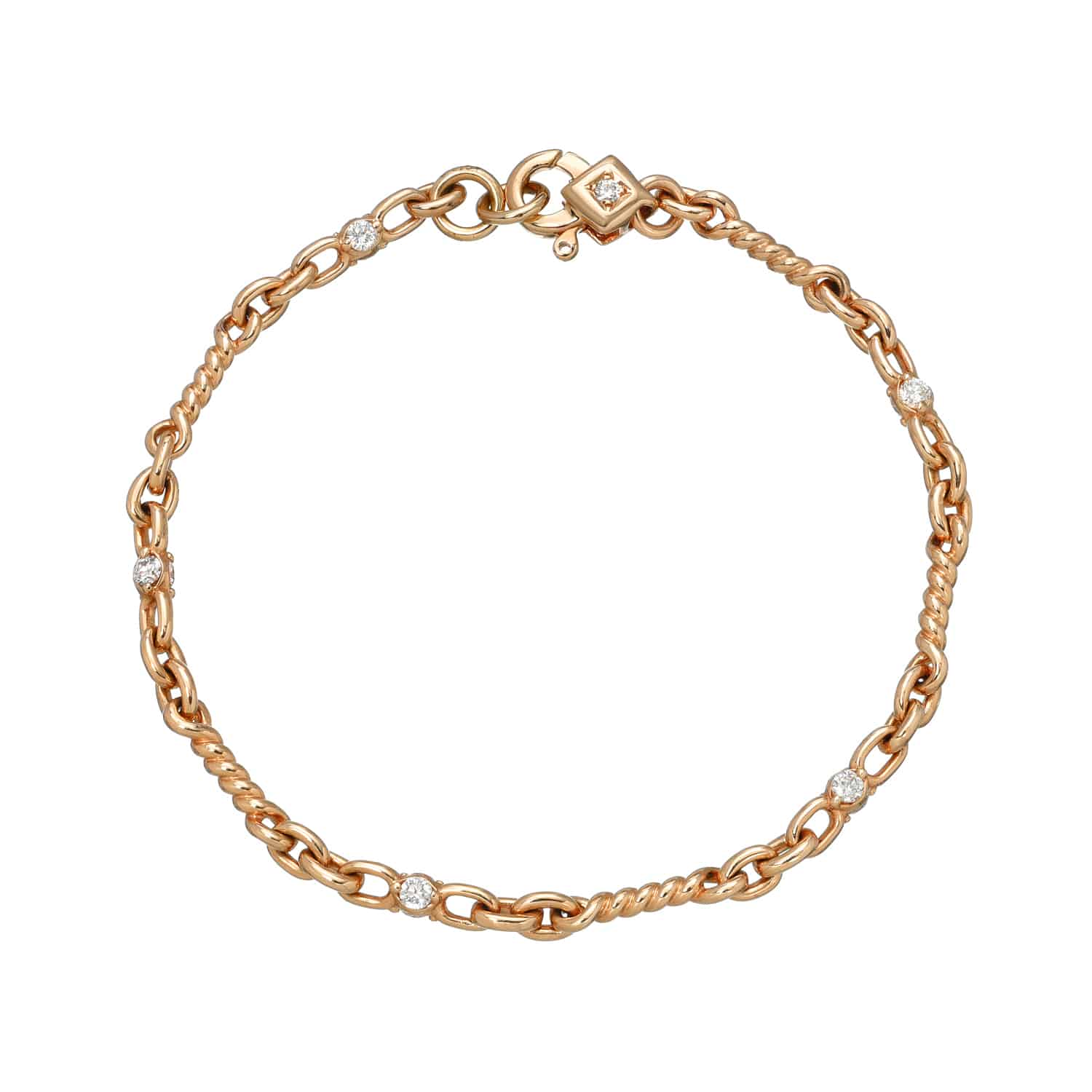 Diamond Belle Bracelet featuring twisted gold links and round white gemstones spaced evenly throughout, finished with a decorative clasp adorned with a small gemstone—a signature piece from Janet Heller Fine Jewelry.