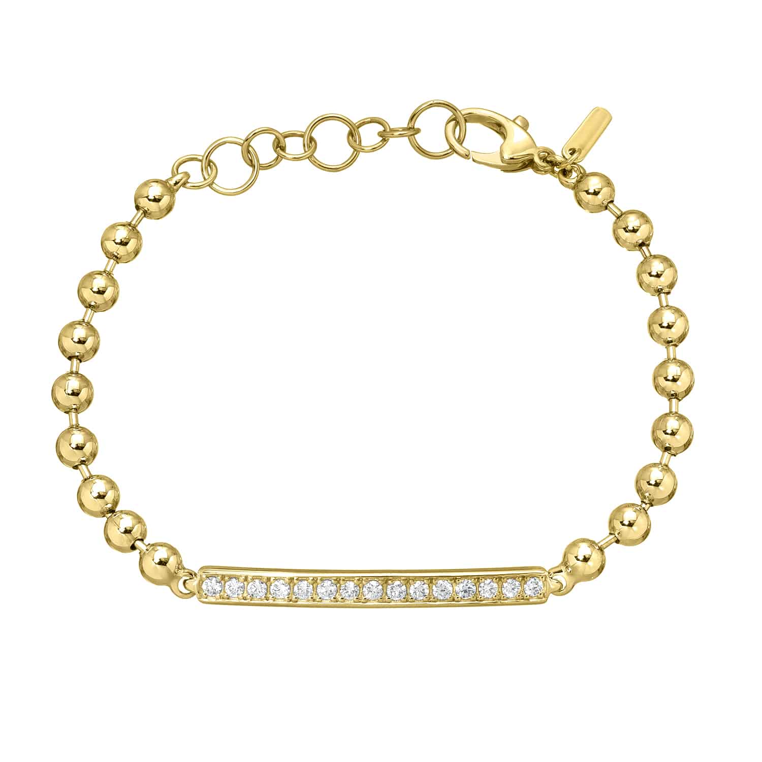 Experience the elegance of Janet Heller Fine Jewelry with the Toilet Chain Diamond ID Bracelet. This exquisite gold beaded bracelet features a clasp and central bar adorned with small clear gemstones, creating a sophisticated pattern that enhances its charm.