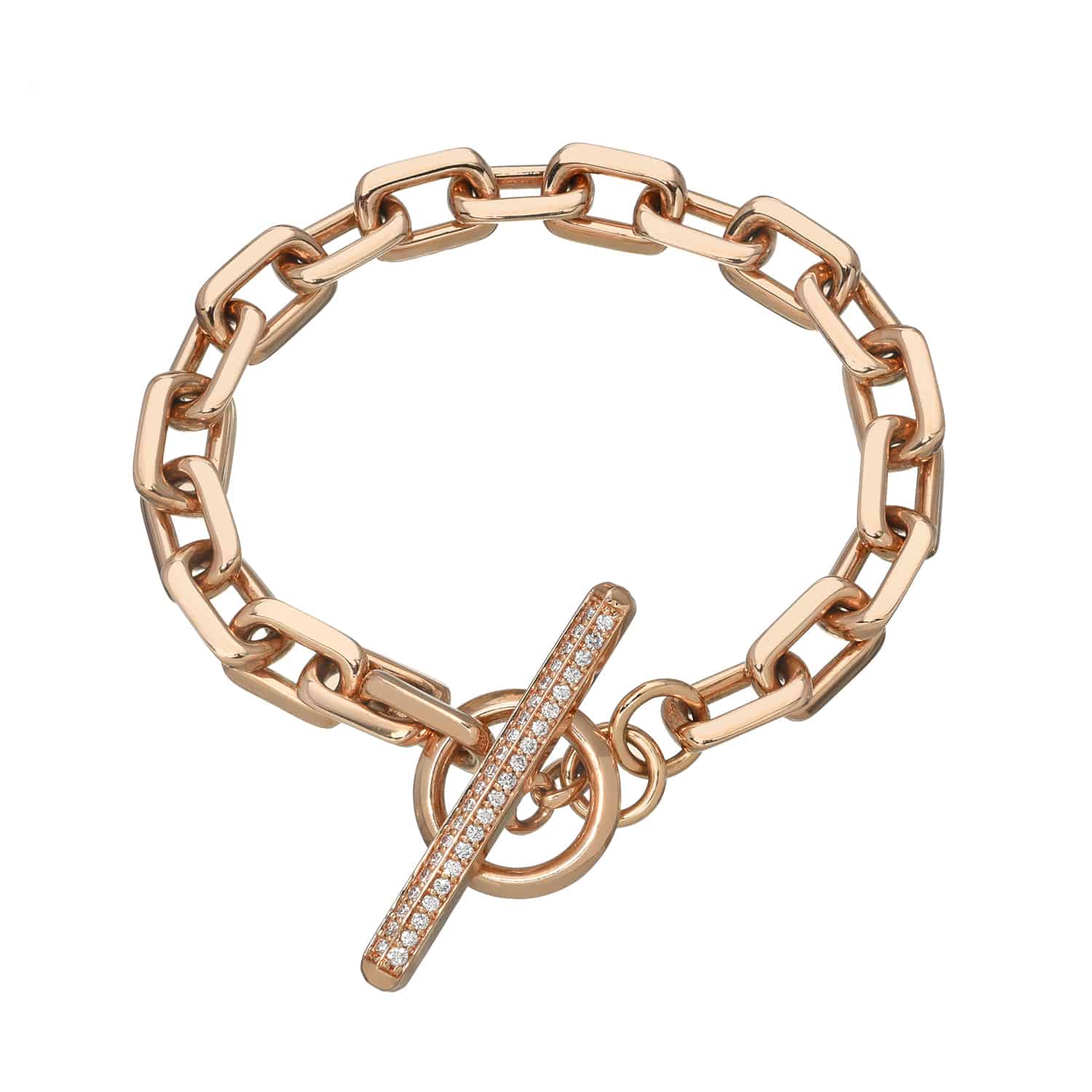 The Square Link Diamond Toggle Link Bracelet features rectangular links and a toggle clasp adorned with shimmering diamonds, elegantly displayed on a white background. This sophisticated piece from Janet Heller Fine Jewelry showcases the brand's exceptional artistry and meticulous attention to detail in custom jewelry design.