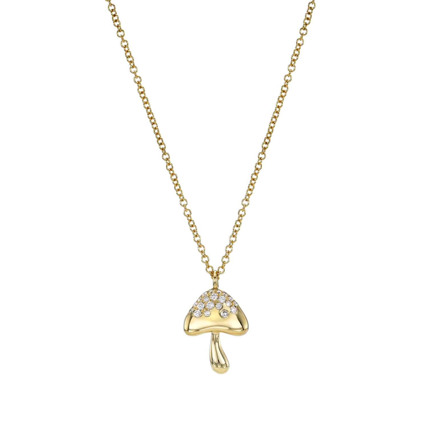 The Mini Diamond Mushroom Necklace is an exquisite piece featuring a gold necklace and a mushroom-shaped pendant adorned with sparkling stones on the cap. It hangs from a delicate chain and offers endless customization options. For inquiries or special requests, please contact us.