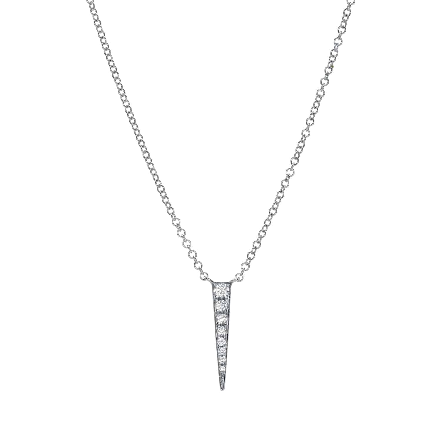 The Mini Diamond Dagger Necklace from Janet Heller Fine Jewelry is crafted in 14KT gold.  The delicate chain holds a spike-shaped pendant with small diamonds.  The adjustable necklace can be worn on its own or layered.