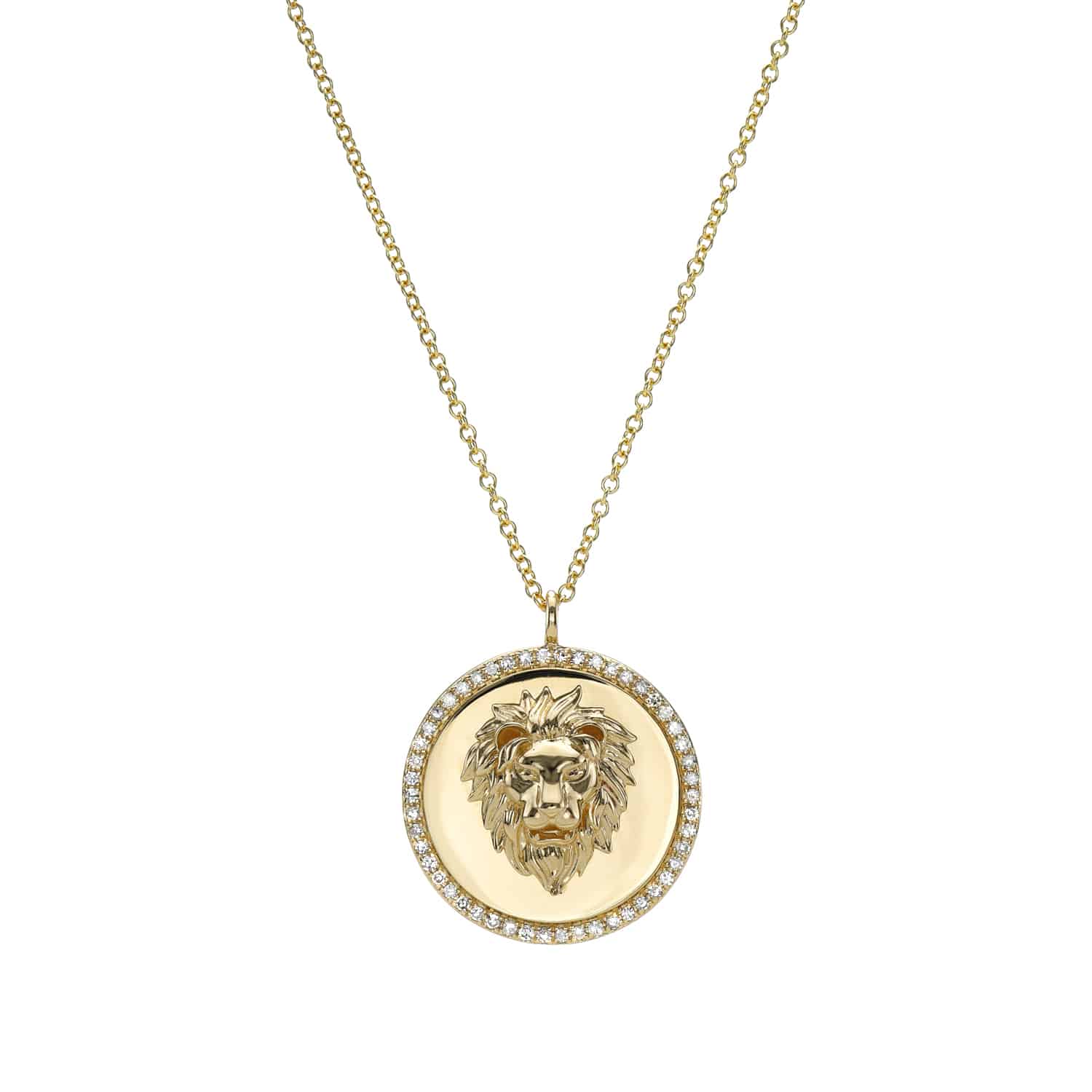 The Diamond Lion Pendant Necklace from Janet Heller Fine Jewelry is crafted in 14KT gold. The charm is a round medallion with an edge made up of 50 small diamonds. The necklace can be worn on its own or layered with other chains.