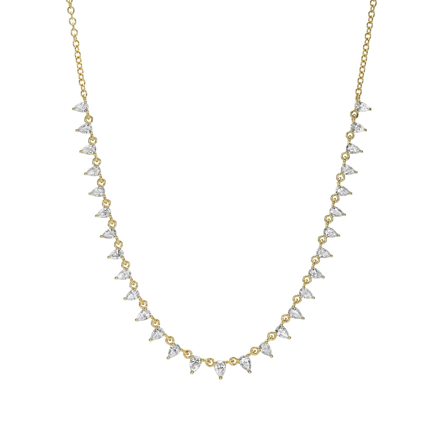 The Pear Diamond Georgia Necklace from Janet Heller Fine Jewelry features evenly spaced teardrop diamonds set in gold fittings, creating a shimmering effect that adds elegance and luxury.