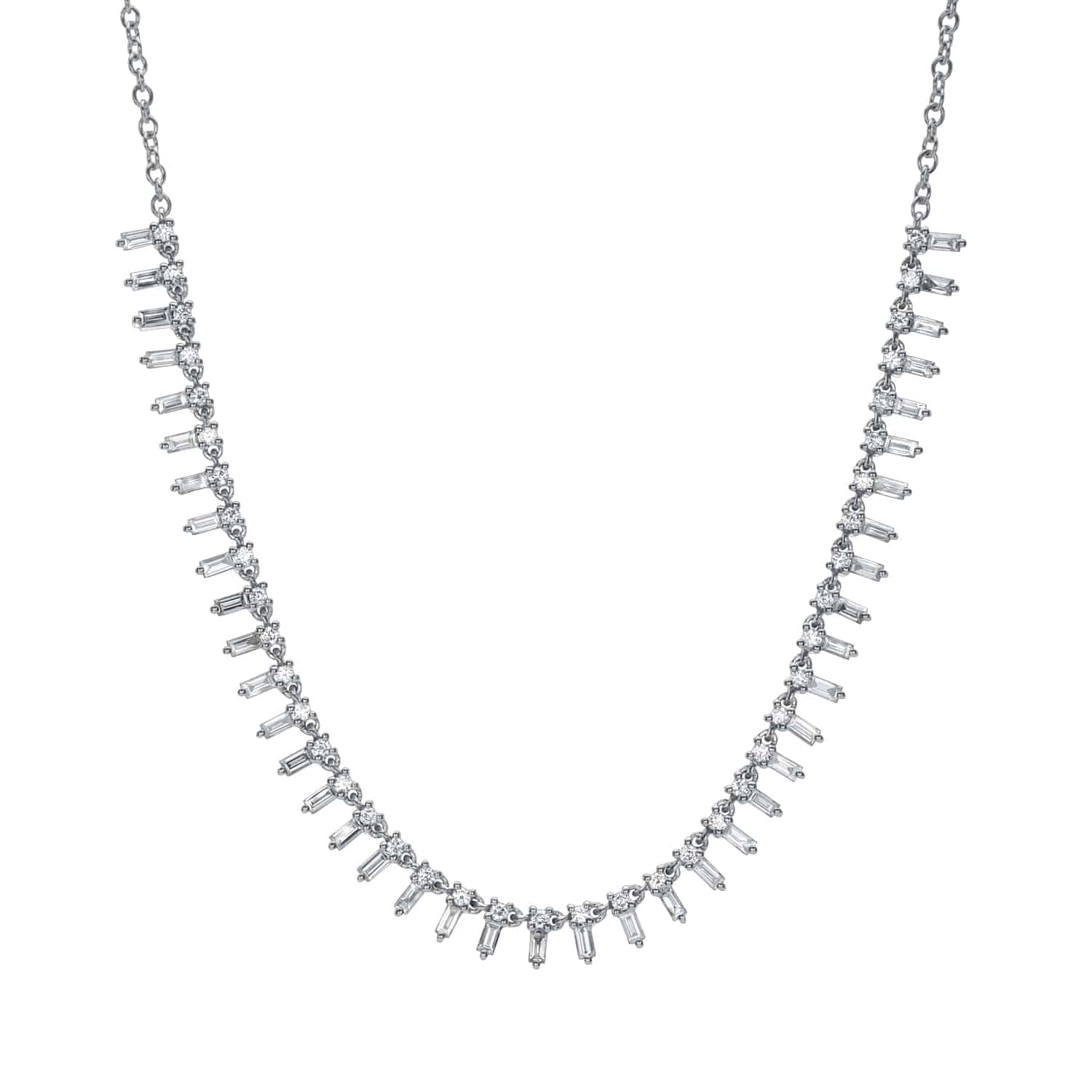 Introducing the Baguette Diamond Reese Necklace from Janet Heller Fine Jewelry—an elegant silver necklace showcasing a series of small, vertically arranged baguette-cut diamonds, evenly spaced along the lower half of the chain to create a distinctive fringe-like effect. For custom jewelry or inquiries, please contact us.