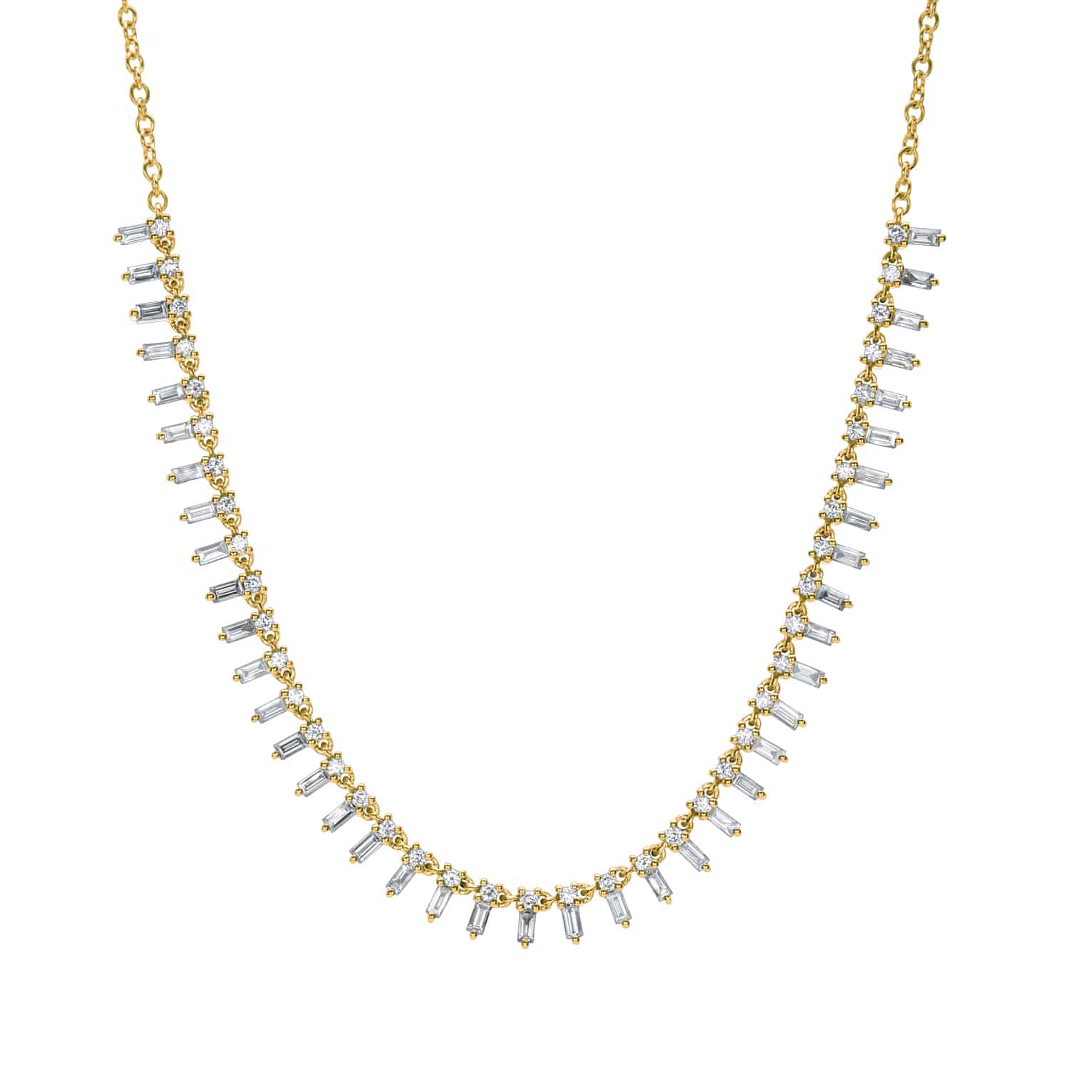 The Baguette Diamond Reese Necklace from Janet Heller Fine Jewelry crafted in 14KT gold and is adorned with small, evenly spaced vertical diamond bars on a fine chain.  The necklace can be worn alone or layered with other chains.