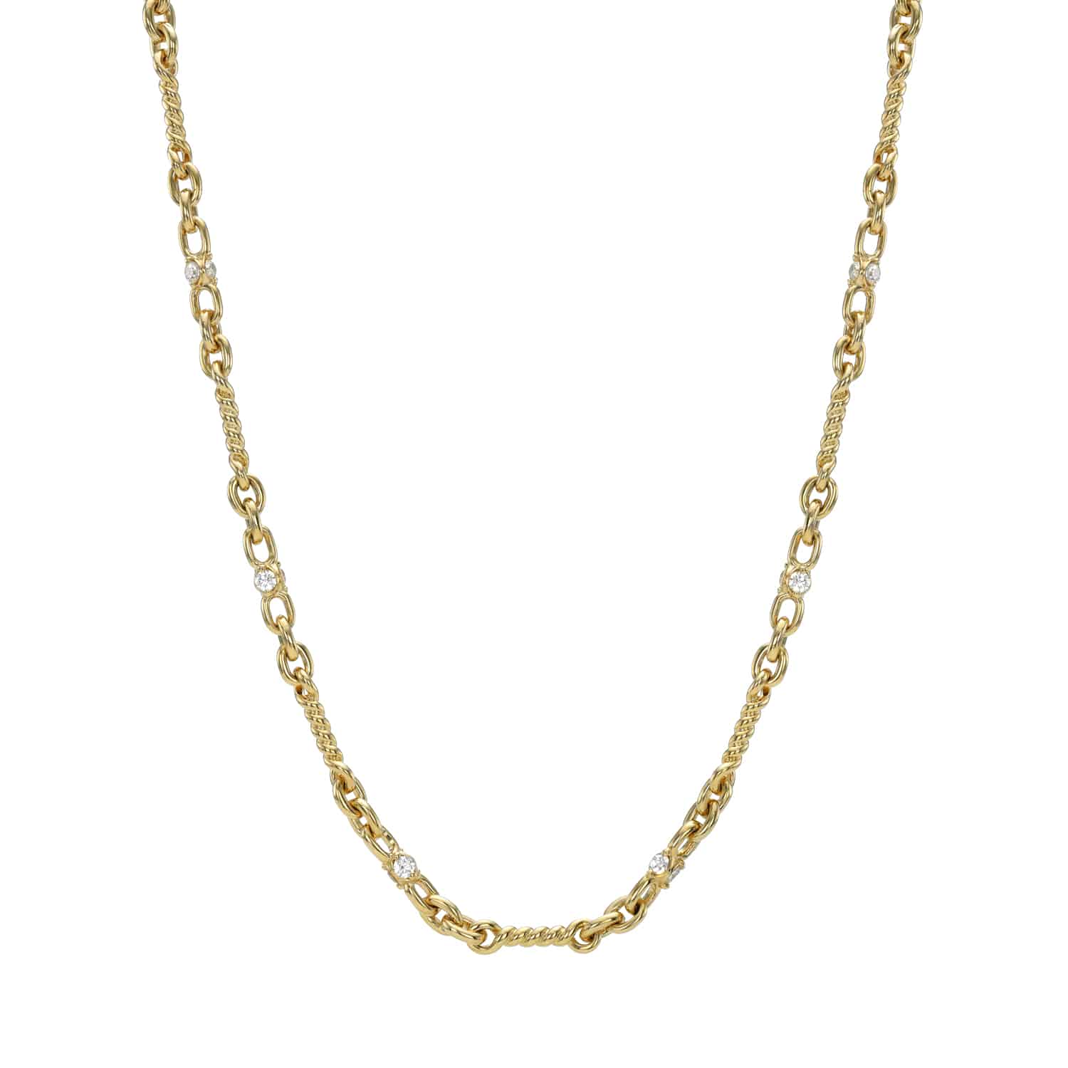The Diamond Belle Necklace from the Janet Heller Fine Jewelry collection is a customizable gold chain with alternating rope and oval links, featuring evenly distributed small round diamond accents.