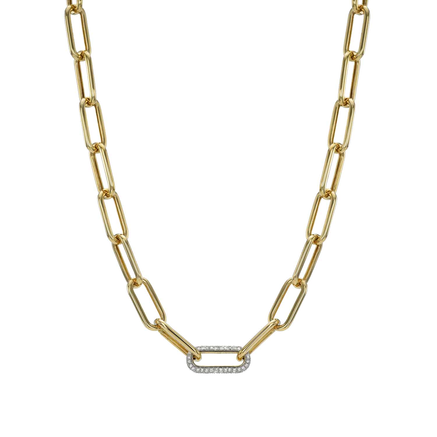 The Single Diamond Chain Link Necklace by janethellerfinejewelry features an eye-catching diamond-encrusted link elegantly centered among elongated oval gold links. Its design adds sophistication against a plain white backdrop. Contact us for customizations.