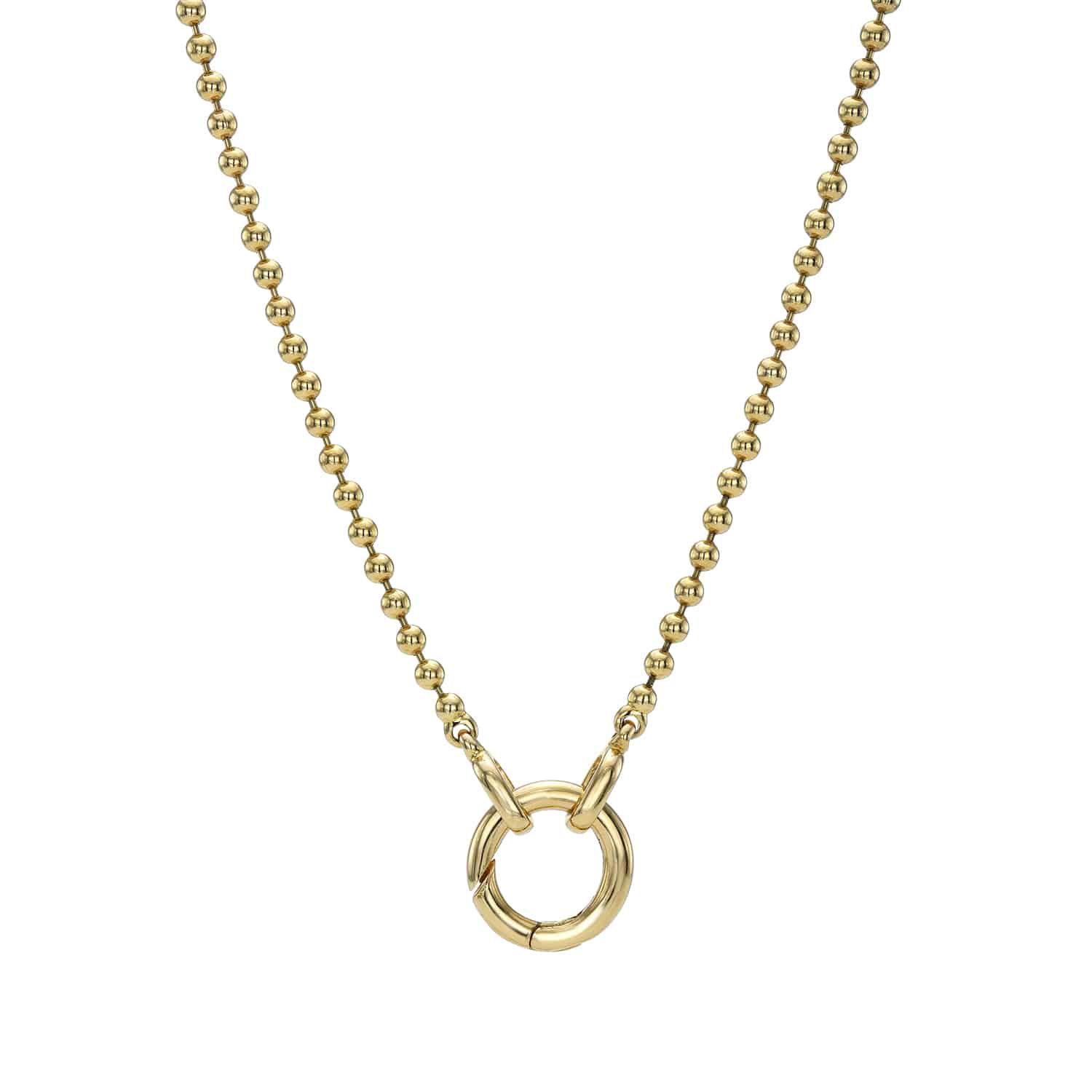 Introducing the Amsterdam Chain from Janet Heller Fine Jewelry—a stunning gold beaded necklace featuring a circular clasp pendant with two interlocking rings. Its uniform spherical beads create a polished look, perfect for adding charm to any outfit.
