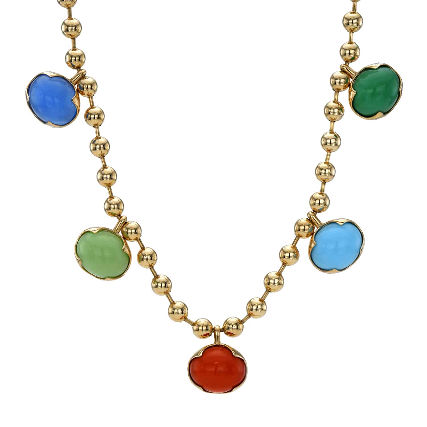The Mixed Colored Stone Necklace from Janet Heller Fine Jewelry is crafted in 14KT gold. The necklaces features gold beads and colorful round pendants in blue, orange, green, light green and light blue.