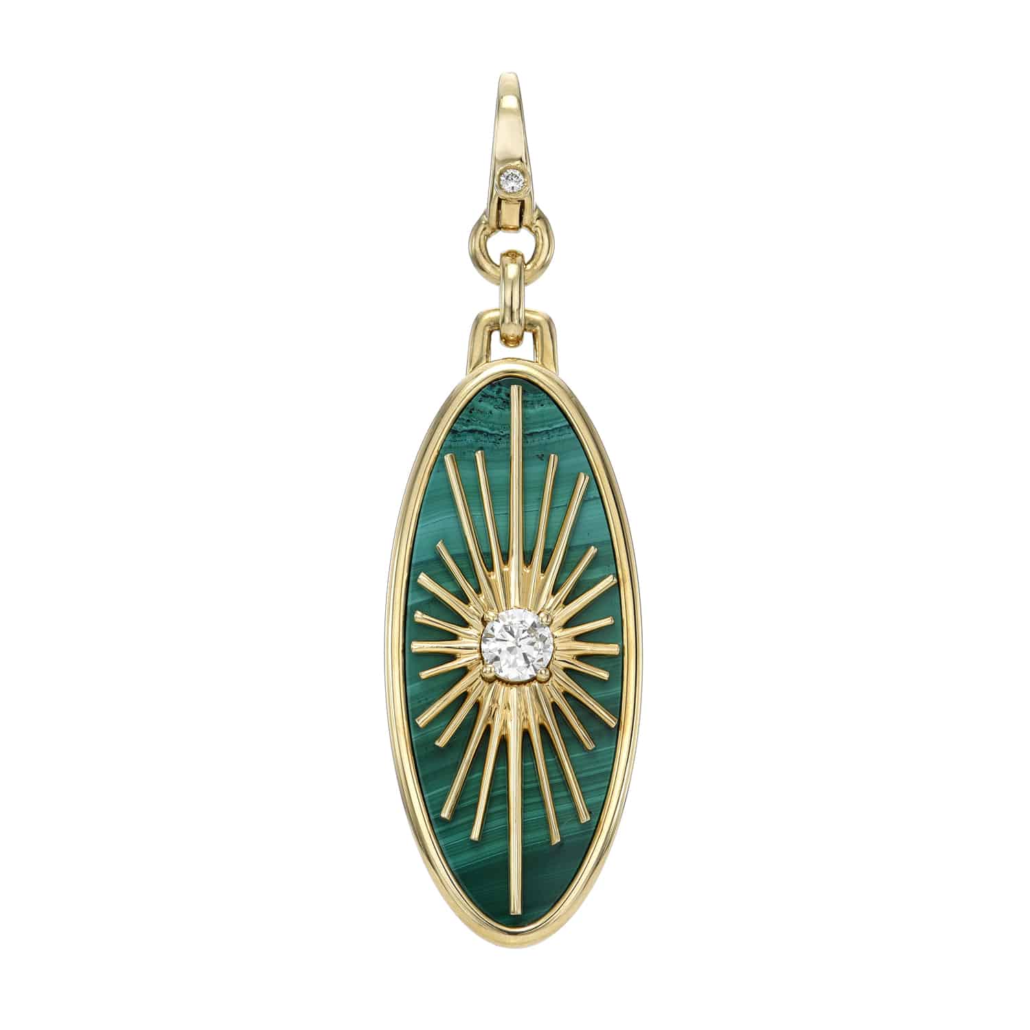 Explore the allure of Janet Heller Fine Jewelry with the Malachite & Diamond Oval Charm. This pendant showcases an oval green gemstone, a gold sunburst design with a central white diamond, bordered in gold and accented by a small gem on the loop.