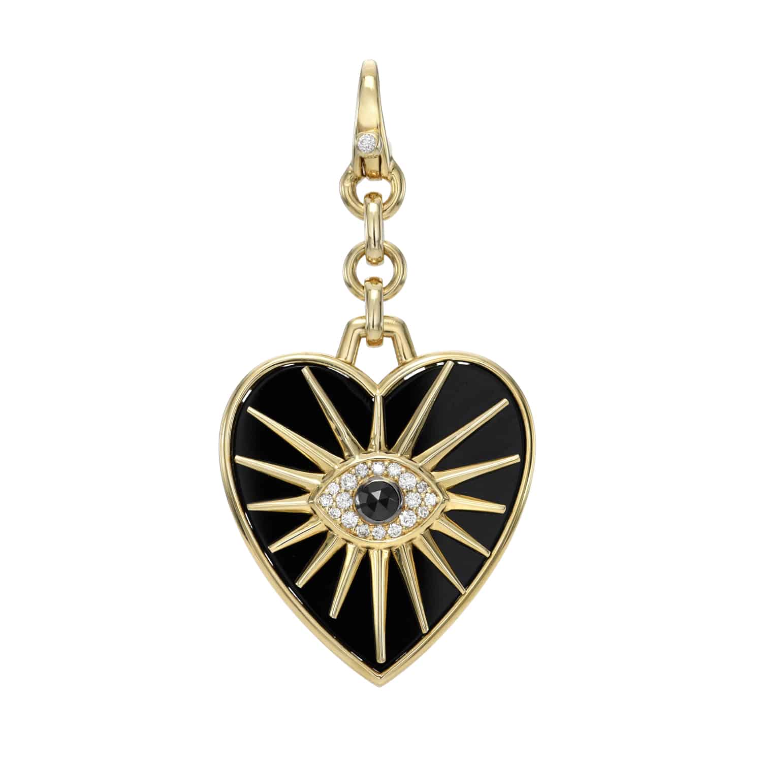 The Black Agate Heart Burst Charm from Janet Heller Fine Jewelry is crafted in 14KT gold. The charm is set in black enamel with gold rays. The center of the pendant features an evil eye with a center black diamond that is surrounded by white diamonds. The diamond clasp clips easily onto various Janet Heller Fine Jewelry chains and necklaces.