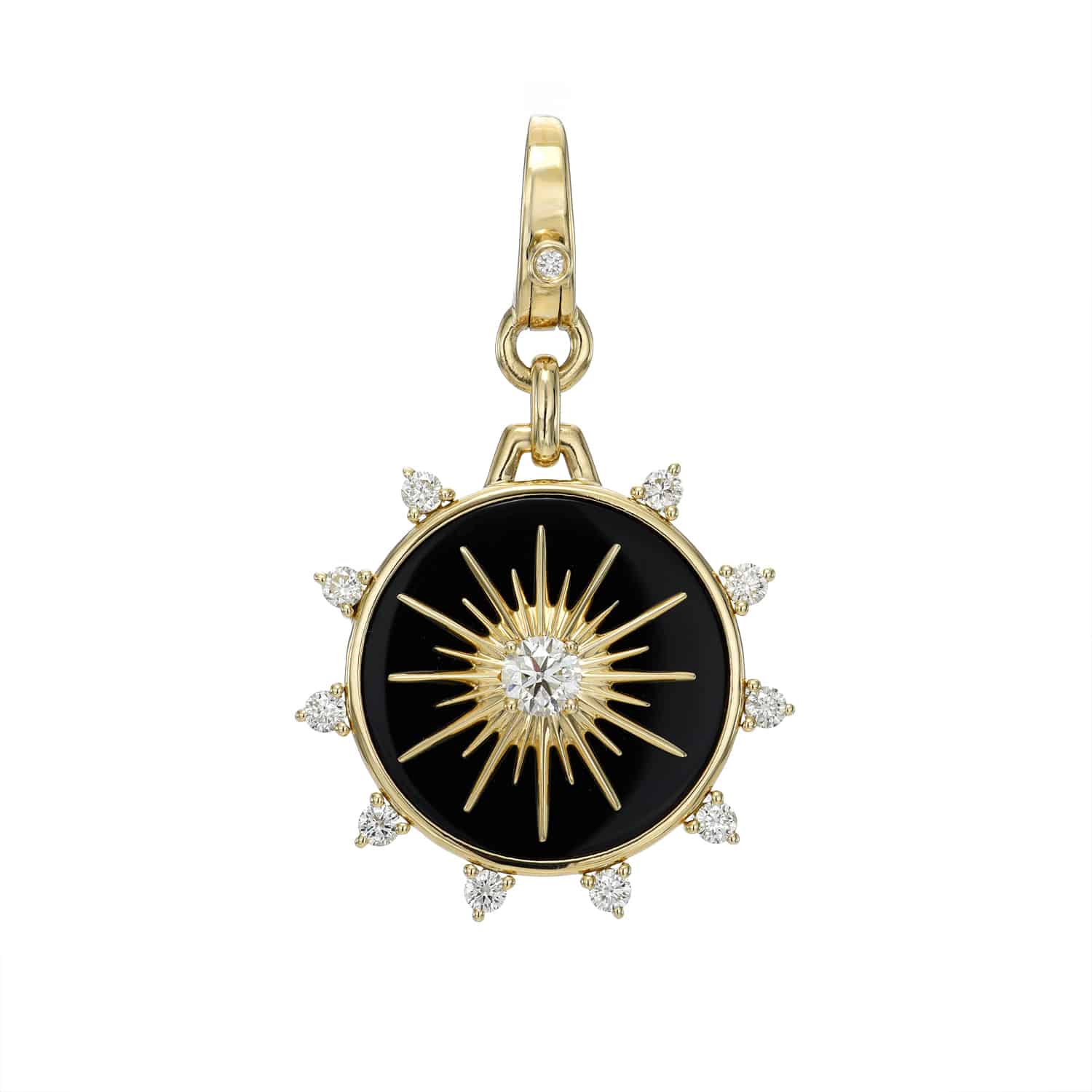 Explore the allure of the Diamond & Onyx Bentley Charm by Janet Heller Fine Jewelry: a gold and black round pendant with a starburst design, featuring a large clear gemstone surrounded by small diamonds. It includes a gold loop for your chain and offers personalized customizations.
