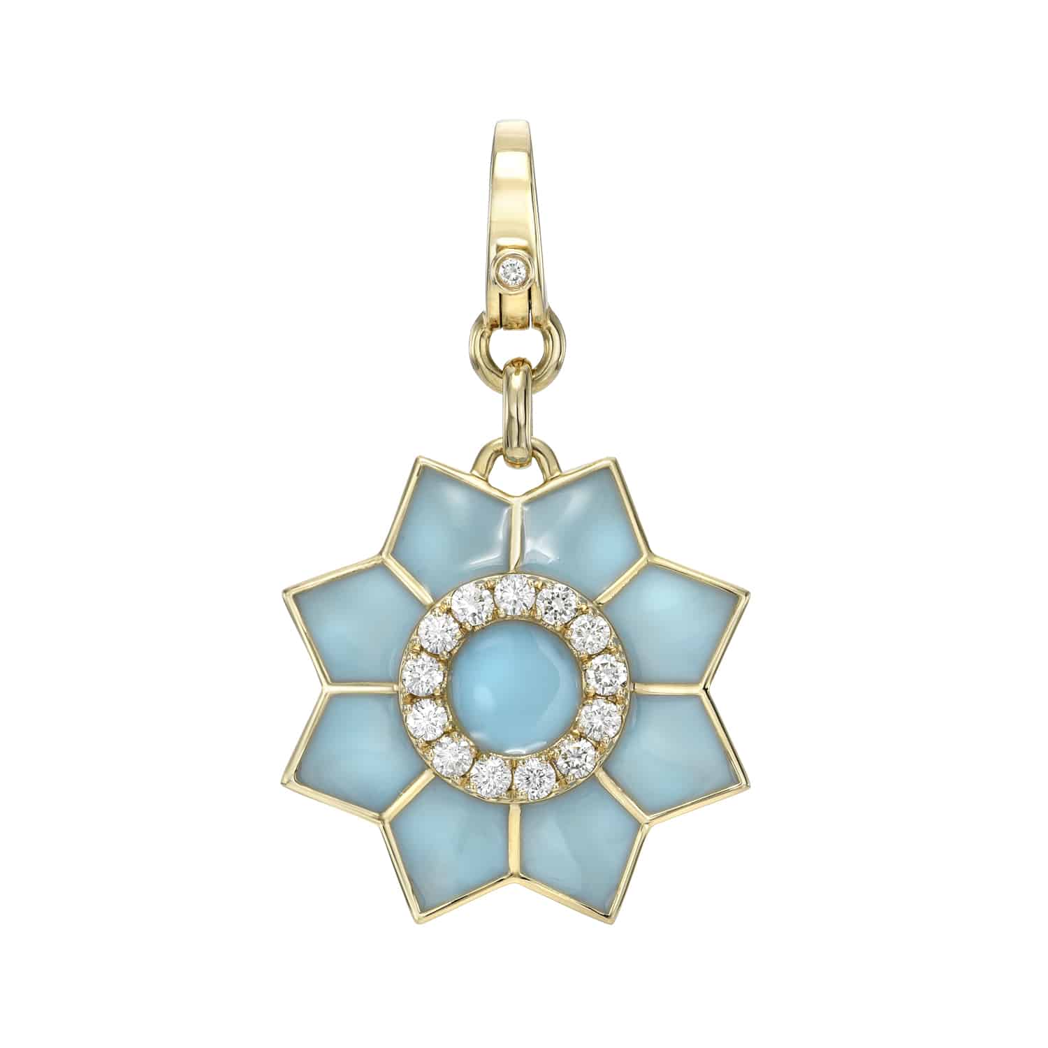 The Enamel & Diamond Flower Charm necklace by Janet Heller Fine Jewelry, features a blue flower pendant with a circular center surrounded by diamonds. The clasp which adorns a single diamond clips easily onto various Janet Heller Fine Jewelry necklaces and chains.