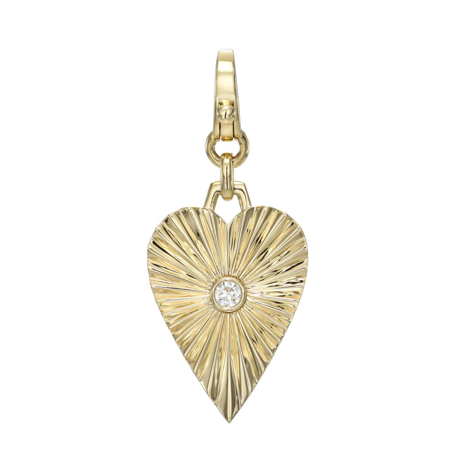 Explore the Diamond Heart Burst Charm by Janet Heller Fine Jewelry: an exquisite gold heart-shaped pendant with a sunburst pattern, central diamond, and loop for chain attachment, perfect for adding personal charms.